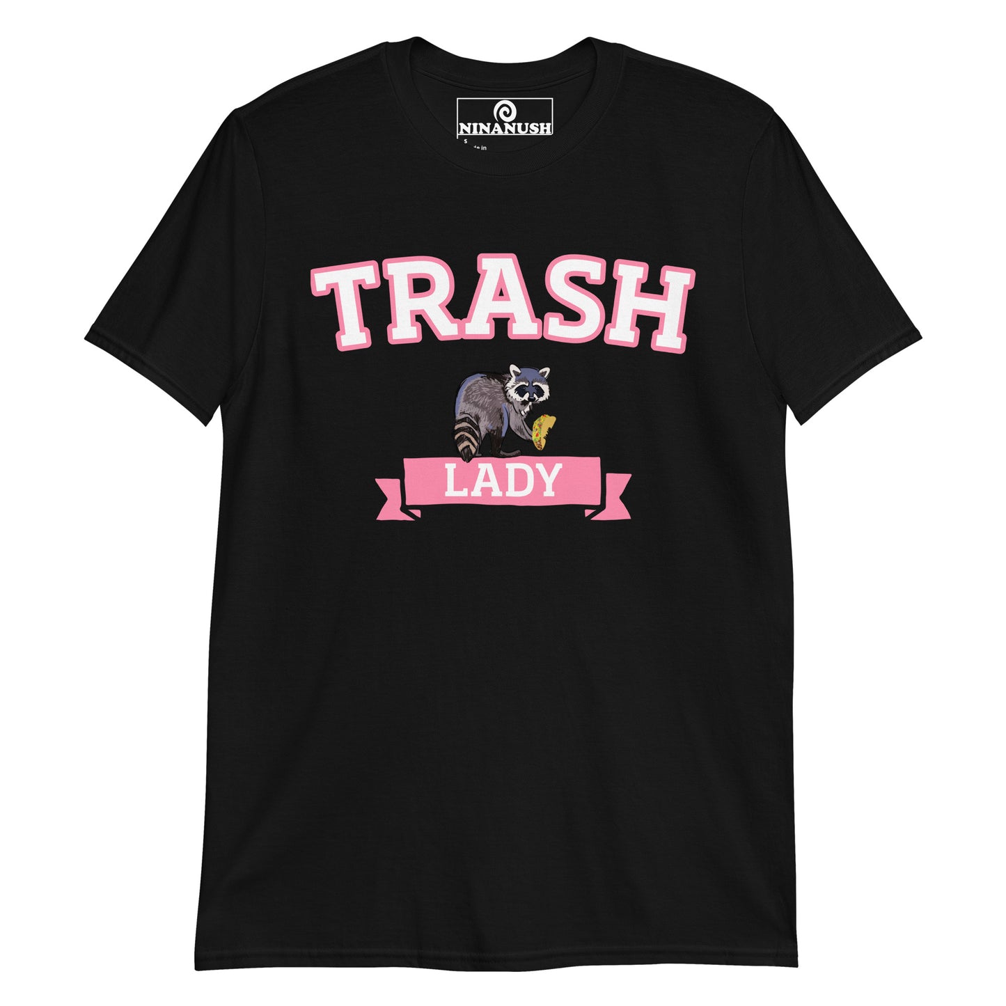 Black trash lady t-shirt with raccoon eating a taco from Nina's Funky Shop by ninanush - The pink trash lady raccoon t-shirt! A funny raccoon t-shirt that's totally unique and made just for you. Wear this trash lady shirt and show off your love of raccoons. It has an original, hand drawn design by Nina. Stay funky and eat trash in this funny raccoon t-shirt or give it as a funny gift for taco lovers and foodies of all kinds.