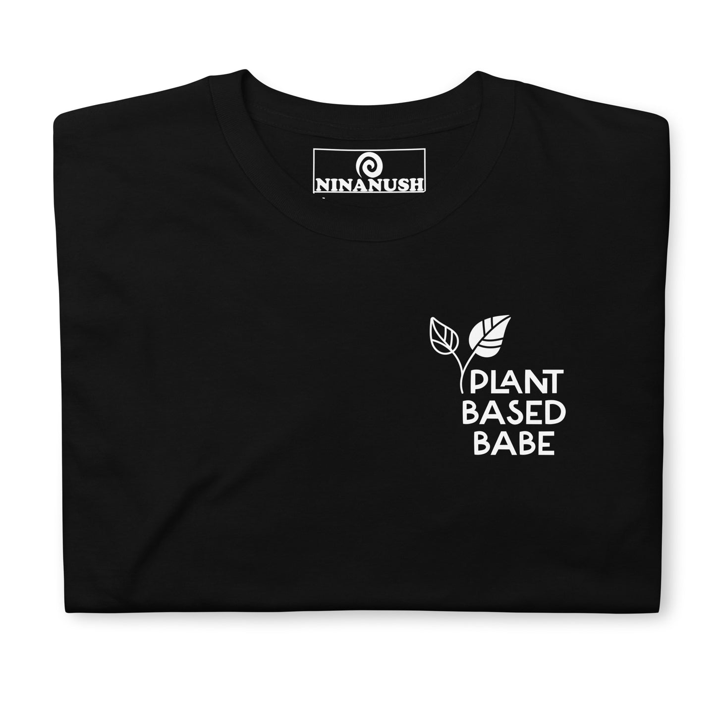 Black logo style plant based babe t-shirt from Nina's Funky Shop by ninanush - PLANT BASED BABE 🌱 Calling all plant based babes! Make a statement in this unique vegan t-shirt with the words "plant based babe" expertly printed on the front. It's a unisex, classic cotton shirt for proud vegan foodies or a gift for plant based honeys of all kinds. This simple vegan tee is designed by Nina and made just for you.