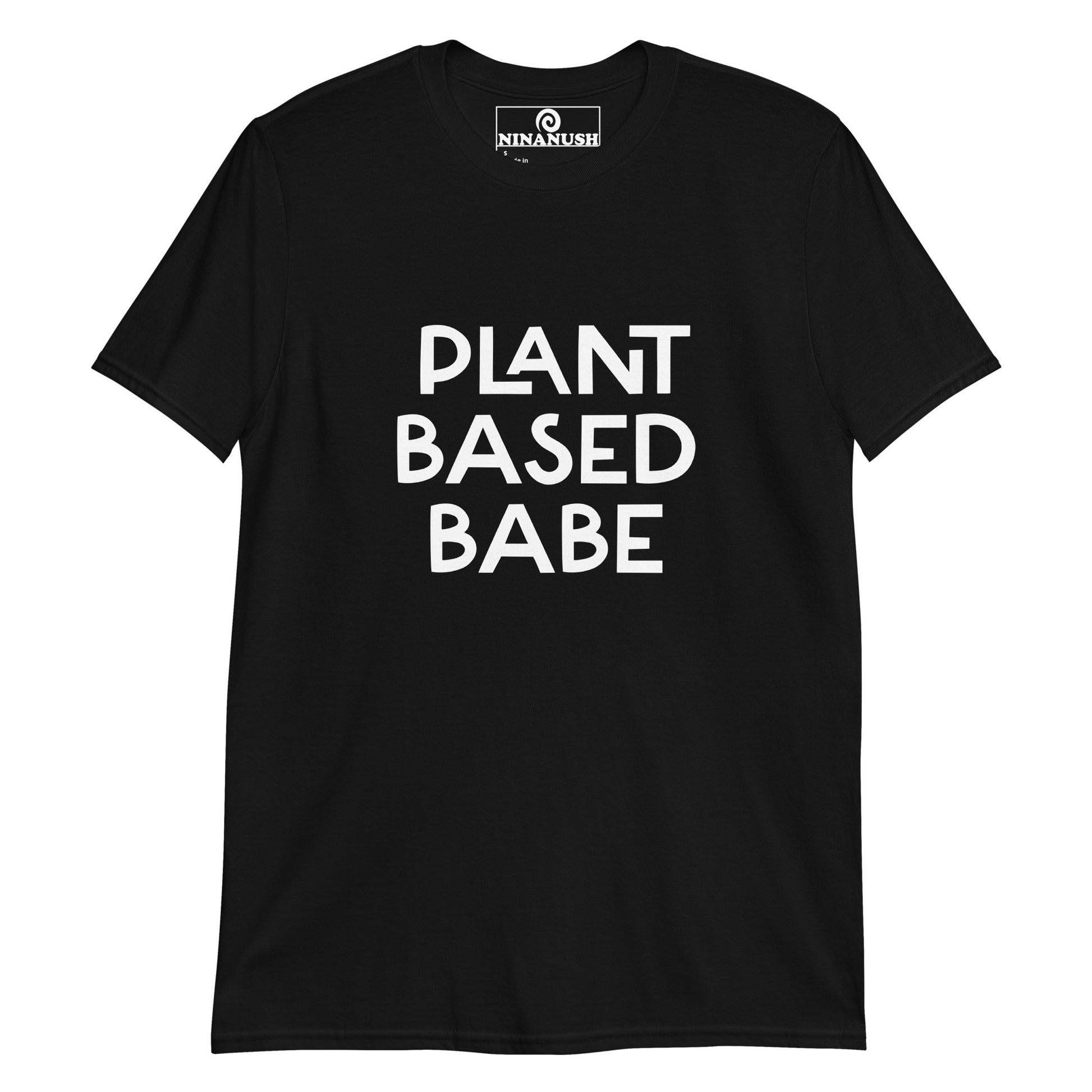 Black plant based babe t-shirt from Nina's Funky Shop by ninanush - PLANT BASED BABE 🌱 Calling all plant based babes! Make a statement in this unique vegan t-shirt with the words "plant based babe" expertly printed on the front. It's a unisex, classic cotton shirt for proud vegan foodies or a gift for plant based hunks of all kinds. This simple vegan tee is designed by Nina and made just for you.