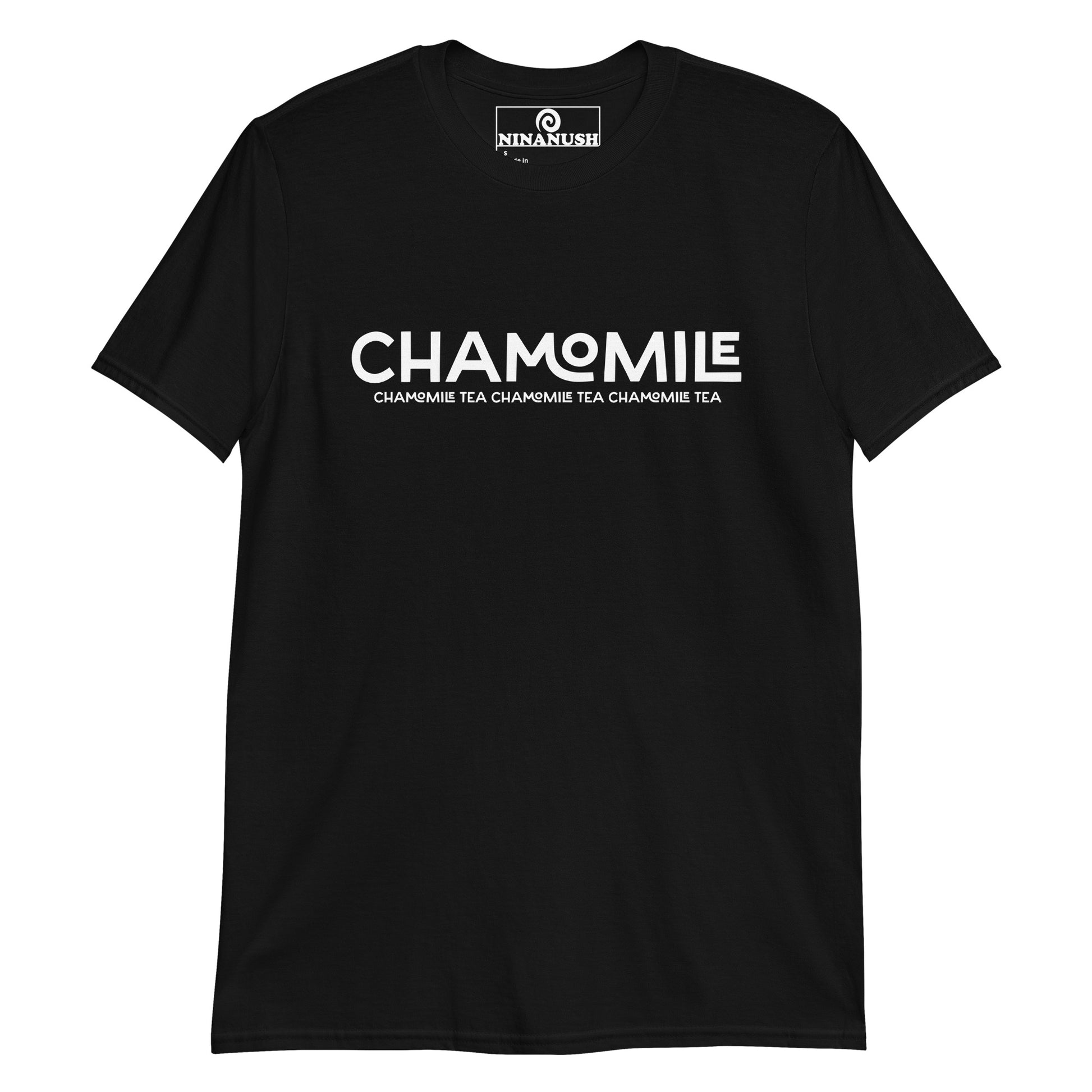 Black chamomile shirt from Nina's Funky Shop by ninanush -A unisex cotton shirt for chamomile tea lovers. Share your passion for chamomile in this unique tea shirt. It's soft, comfortable and the perfect shirt for a tea drinkers of all kinds. Drink tea in style with this chamomile shirt of give it as a gift for a tea enthusiast. It's designed by Nina and made just for you.