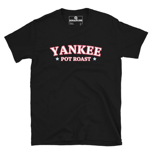 Black yankee pot roast t-shirt from Nina's Funky Shop by ninanush - The Yankee Pot Roast shirt is designed for pot roast lovers. Wear this funny food shirt and add a little personality to your everyday style. Or give this weird t-shirt as a funny gift for a New England Foodie. Celebrate your favorite foods and drinks in our funky foodie apparel, designed by Nina and made just for you. 