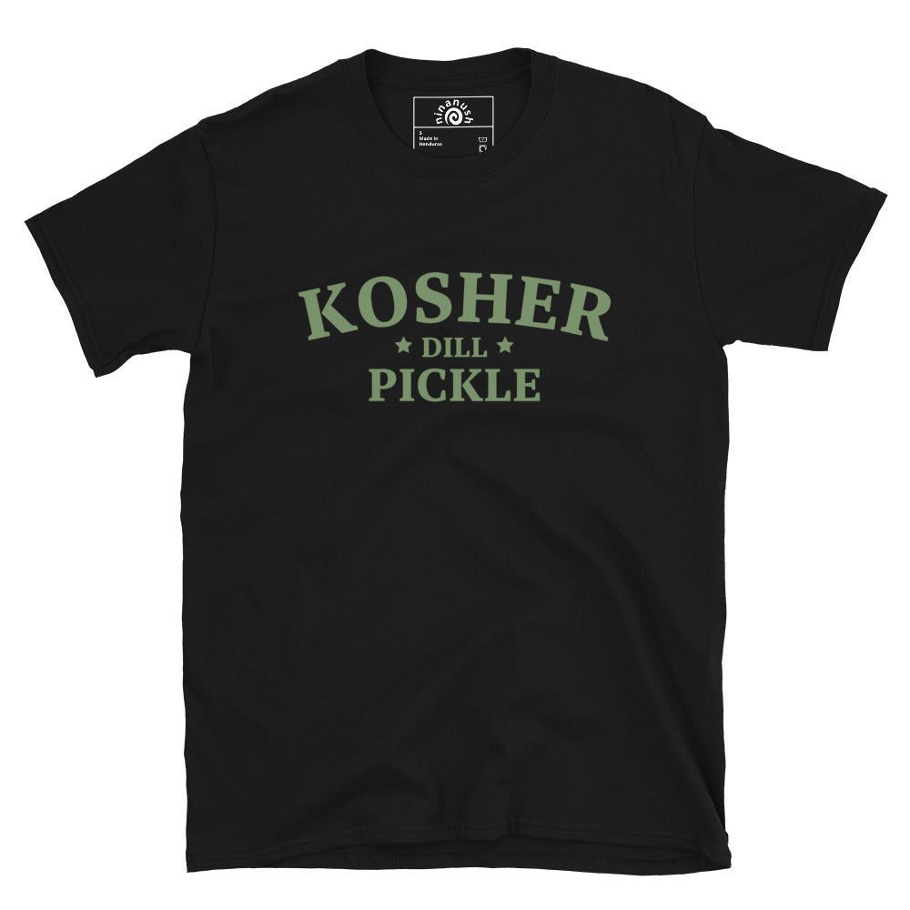 Black kosher dill pickle t-shirt from Nina's Funky Shop by ninanush - A kosher dill pickle lover shirt. This stand-out tee is unique and made just for you. It's a classic cotton tee that's soft and comfortable with an original design by Nina, expertly printed on the front. Eat your favorite pickles in this pickle enthusiast tee or give it as a funny gift for that pickle friend.