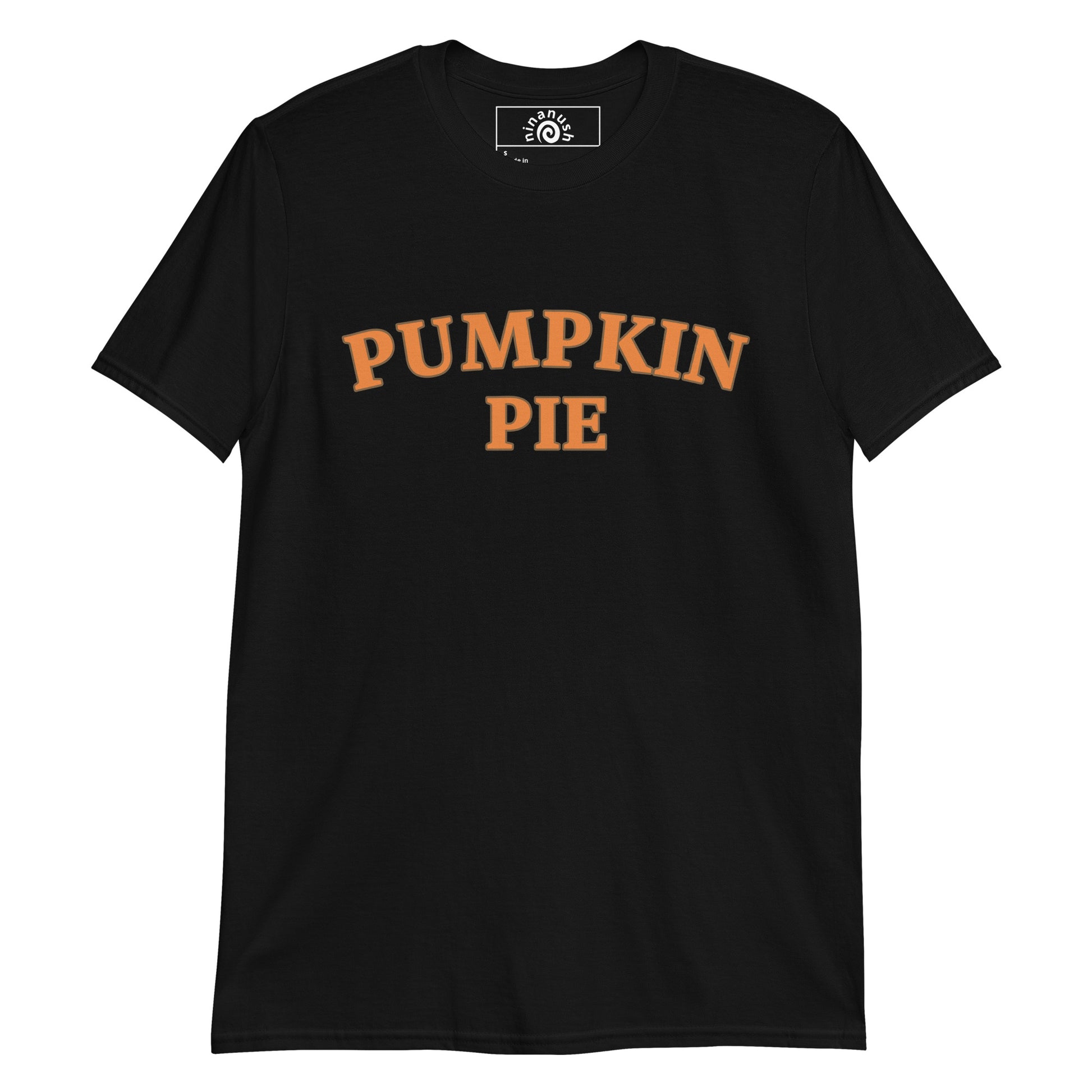 Black pumpkin pie t-shirt from Nina's Funky Shop by ninanush - This pumpkin pie t-shirt is comfortable, soft, and the perfect graphic tee for pumpkin enthusiasts. Add a little personality to your everyday style with this stand-out pumpkin lover shirt or give it as a gift to your favorite pie aficionado. It's a classic cotton tee with an original orange pumpkin pie design by Nina. 