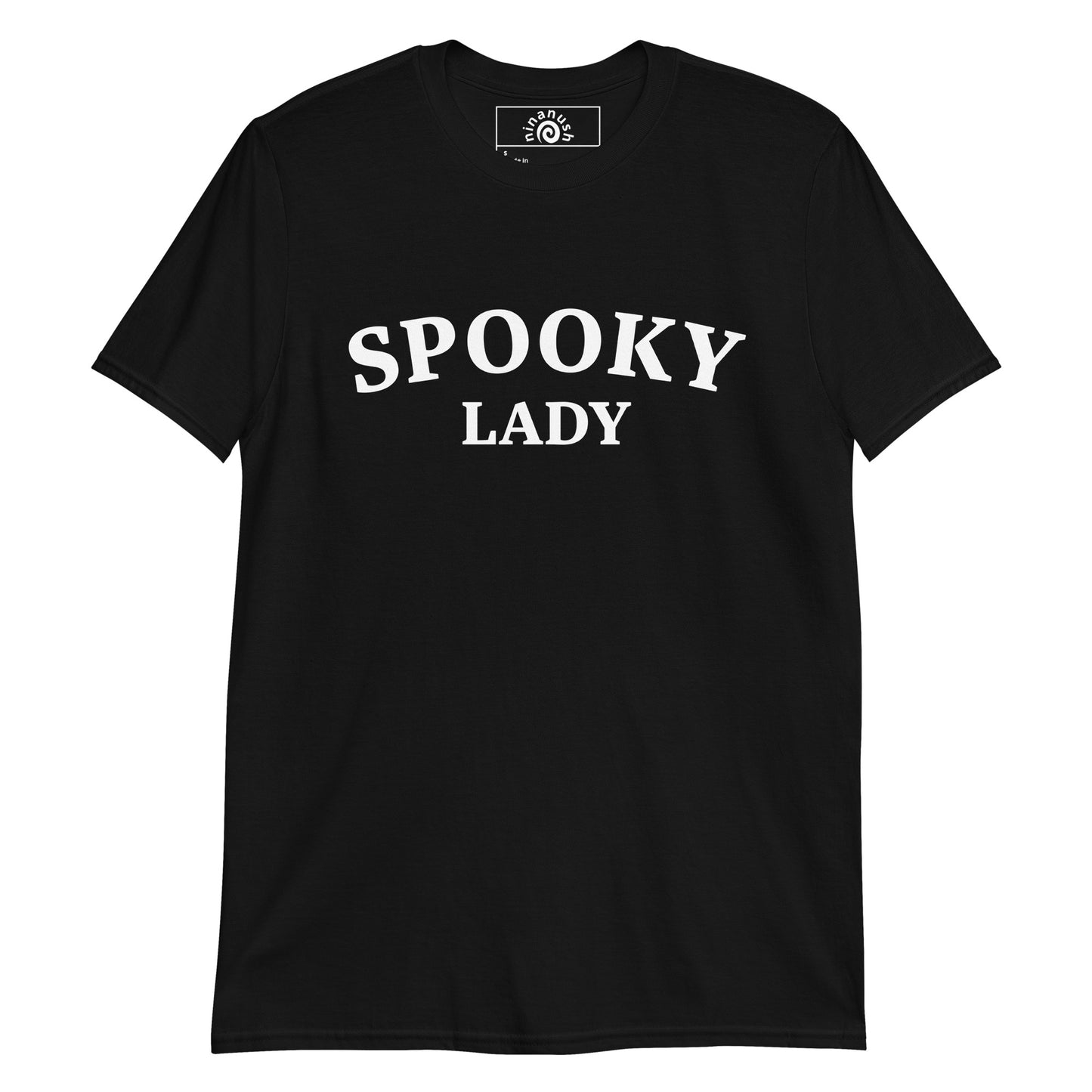 Black Spooky Lady T-shirt from Nina's Funky Shop by ninanush - This spooky lady shirt is a soft and comfortable cotton tee with the words "Spooky Lady", expertly printed on the front. Make a statement in this spooky graphic tee or give it as a funny gift for spooky season. It's a classic t-shirt with an original design by Nina. 