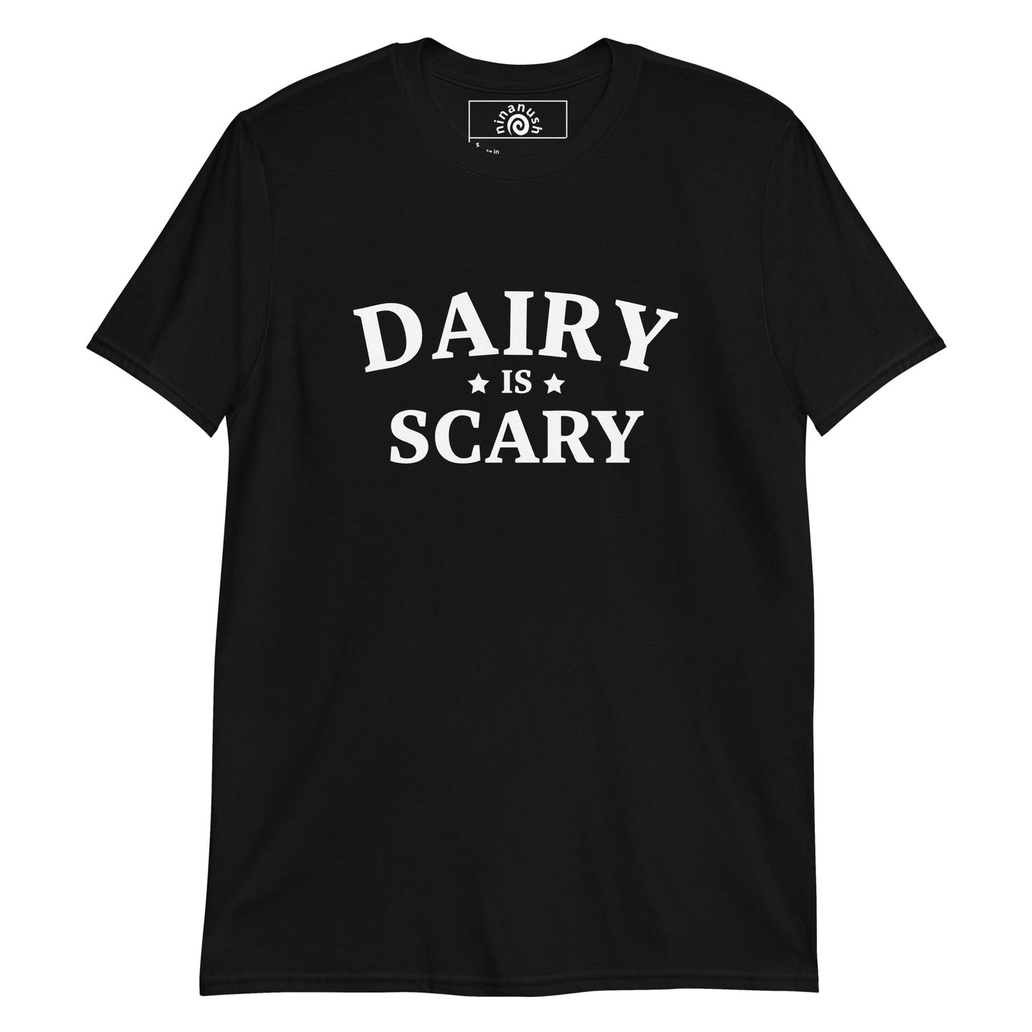 Black Dairy is Scary T-shirt from Nina's Funky Shop by ninanush - Dairy is scary for a number of reasons, so here is a funny anti dairy t-shirt for members of the dairy free club. This Dairy is Scary shirt is soft, comfortable and designed for dairy rejecters of all kinds. Celebrate your favorite foods and drinks in our funky foodie apparel, designed by Nina and made just for you.