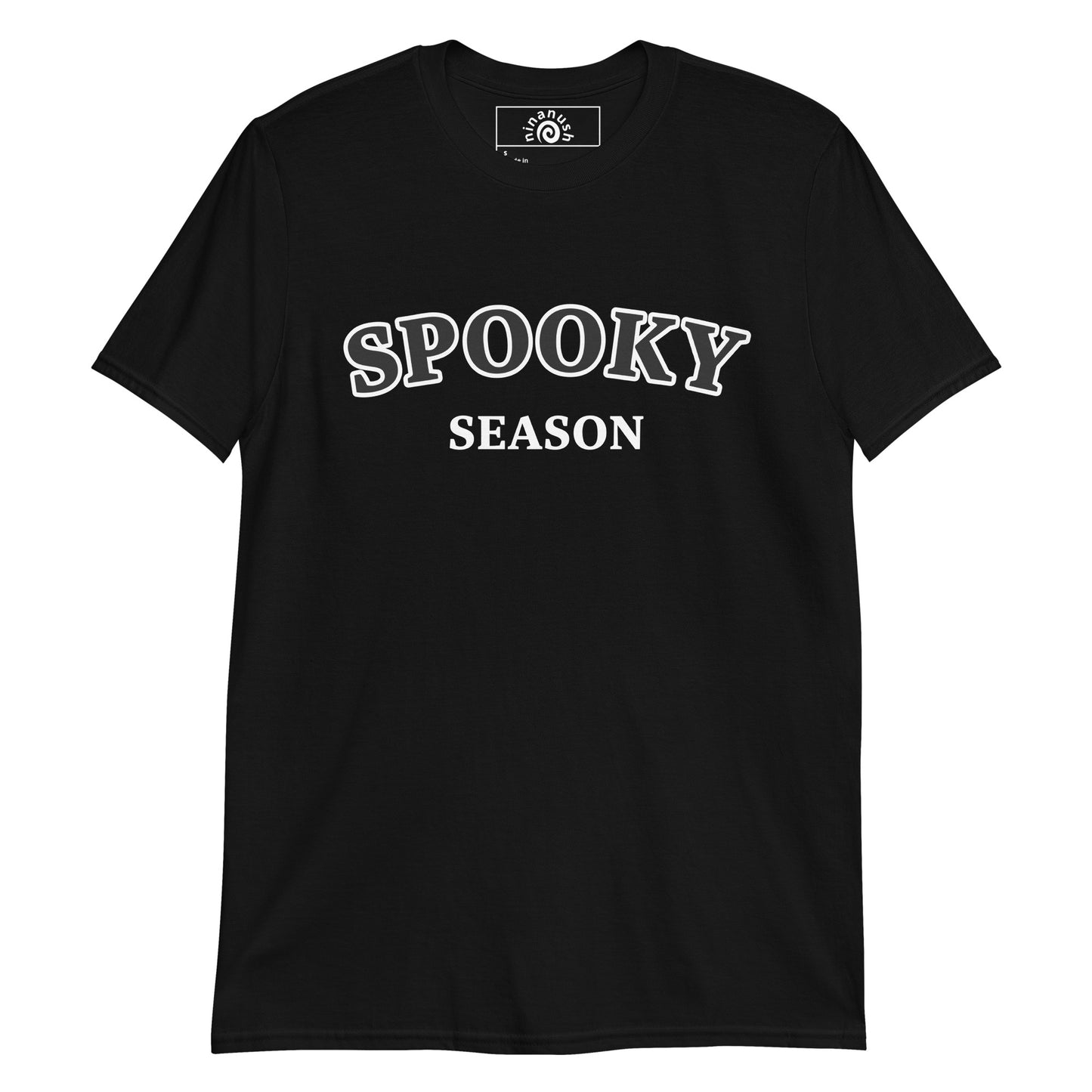 Black spooky season t-shirt from Nina's Funky Shop by ninanush - The Spooky Season T-shirt. Whether you're celebrating spooky season this fall or channeling your spooky year round, this spooky season shirt was designed for you! It's a soft and comfortable tee with "Spooky Season", printed college-style on the front. Show off your spooky pride in this funny spooky season t-shirt.