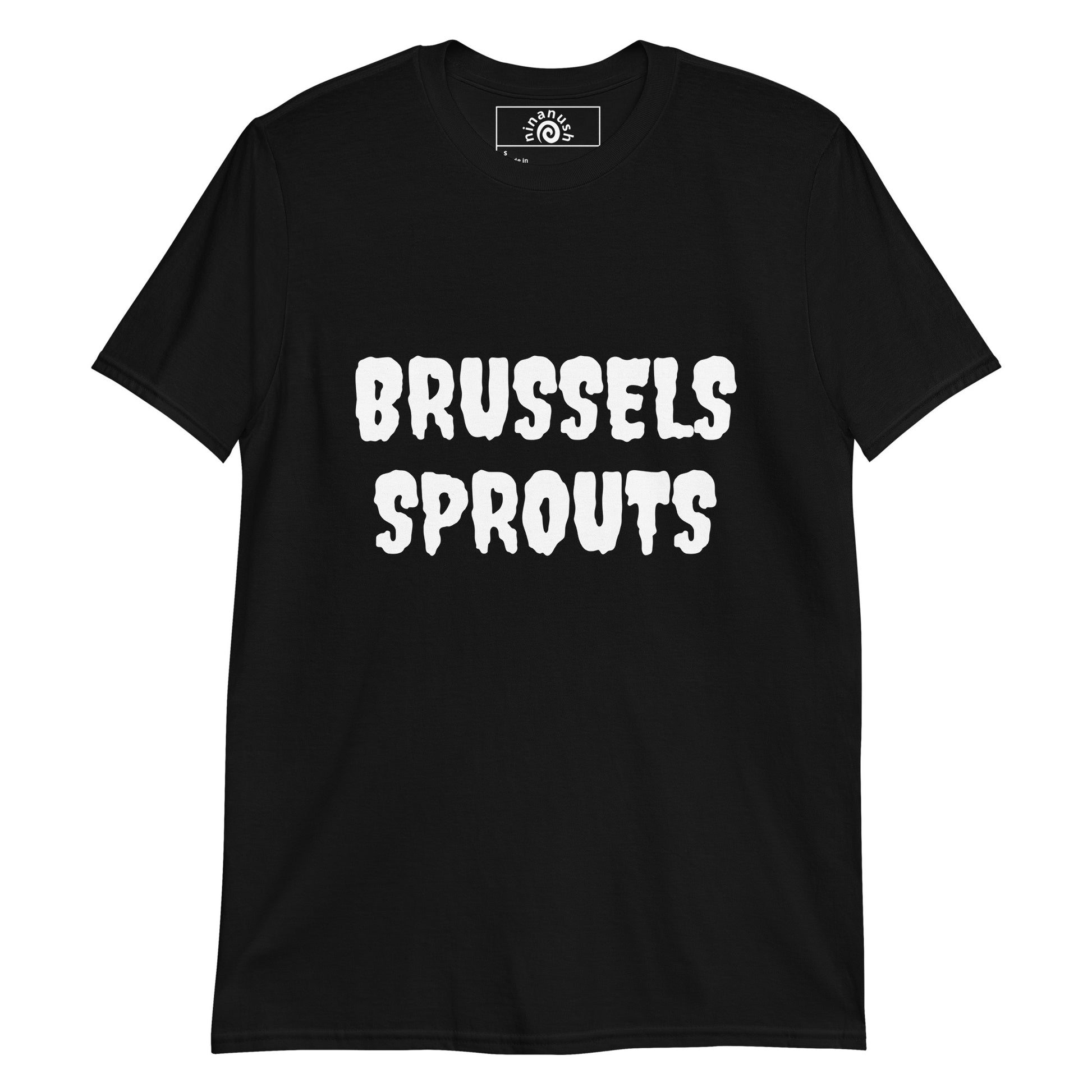 Black Brussels Sprouts t-shirt from Nina's Funky Shop by ninanush - Wear our funny Brussels Sprouts T-shirt this spooky season. It's a soft and comfortable cotton tee that's sure to turn heads. The perfect shirt for a Brussels sprout hater and weird graphic tee for everyday style. This funny t-shirt for spooky season was designed by Nina and made just for you. Stay spooky, eat Brussels sprouts.