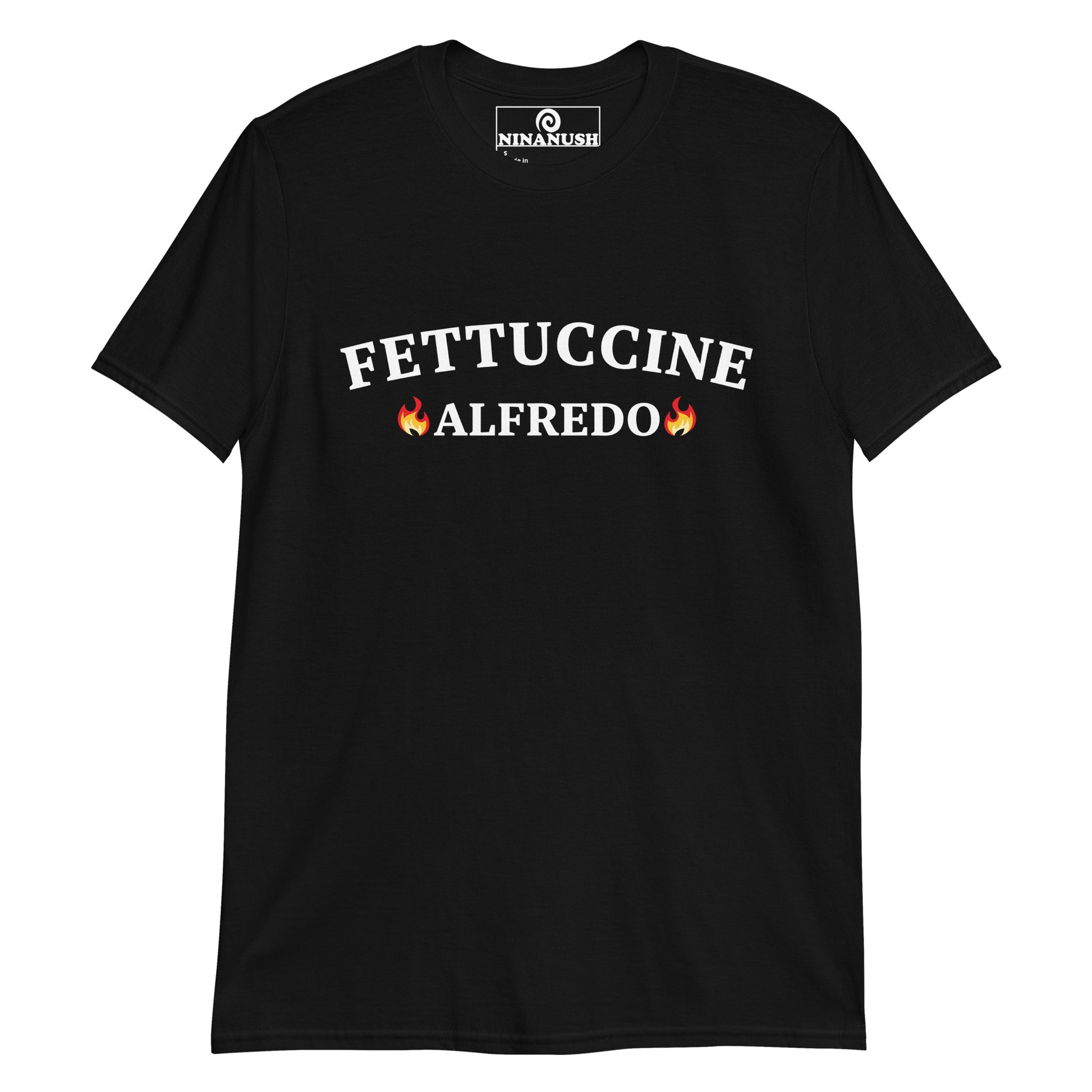 Black Fettuccine Alfredo Shirt from Nina's Funky Shop by ninanush - Make a statement in this fettuccine Alfredo shirt. If you love fettuccine Alfredo, this funny food shirt was designed just for you. It's the perfect college-style funny pasta t-shirt for foodies of all kinds. Celebrate your favorite foods and drinks in our funky foodie apparel, designed by Nina and made just for you.