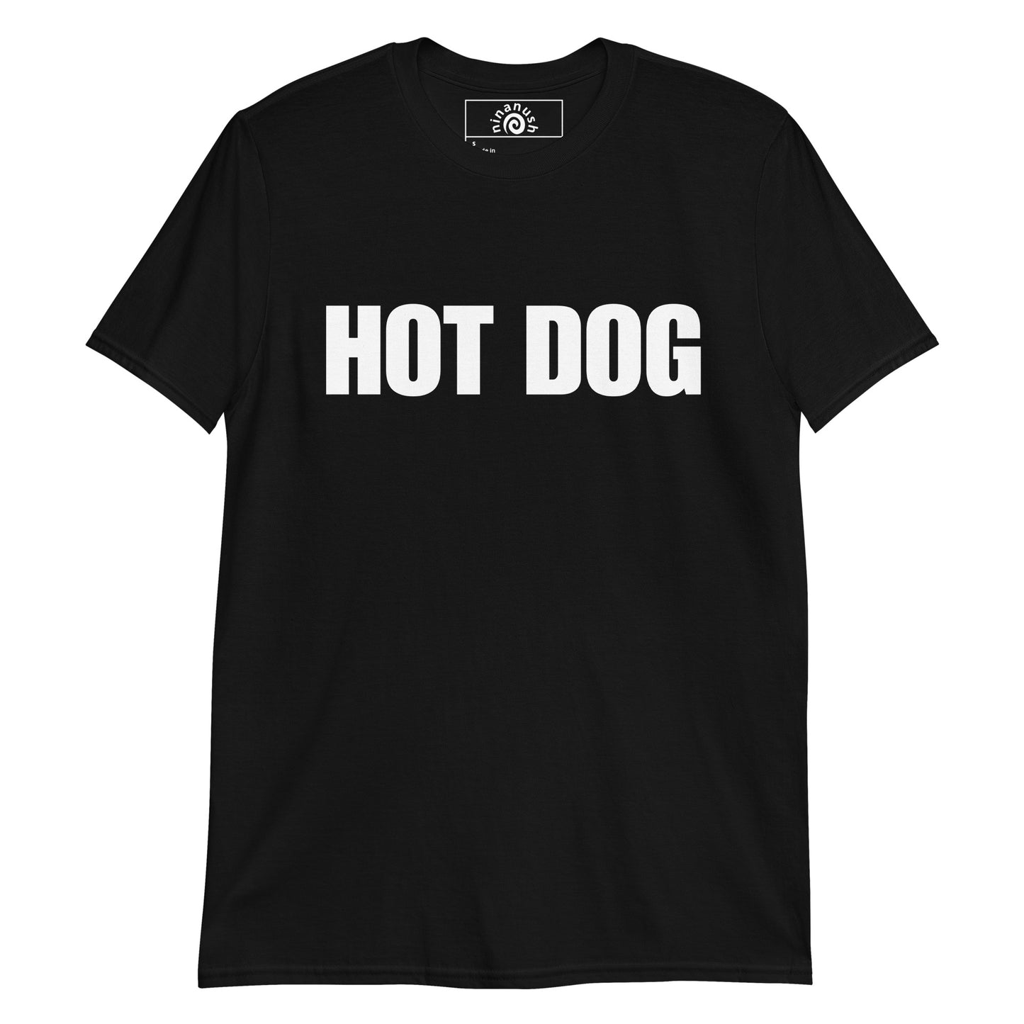 Black Hot Dog T-shirt from Nina's Funky Shop by ninanush - Do you love hot dogs? Looking for a fun foodie gift? Our Hot Dog Shirt is just for you! It's a unisex, crew neck T-shirt that's soft and comfortable with "Hot Dog", expertly printed on the front. Stand out and eat your favorite foods in this funny foodie tee, it's designed by Nina and made just for you.