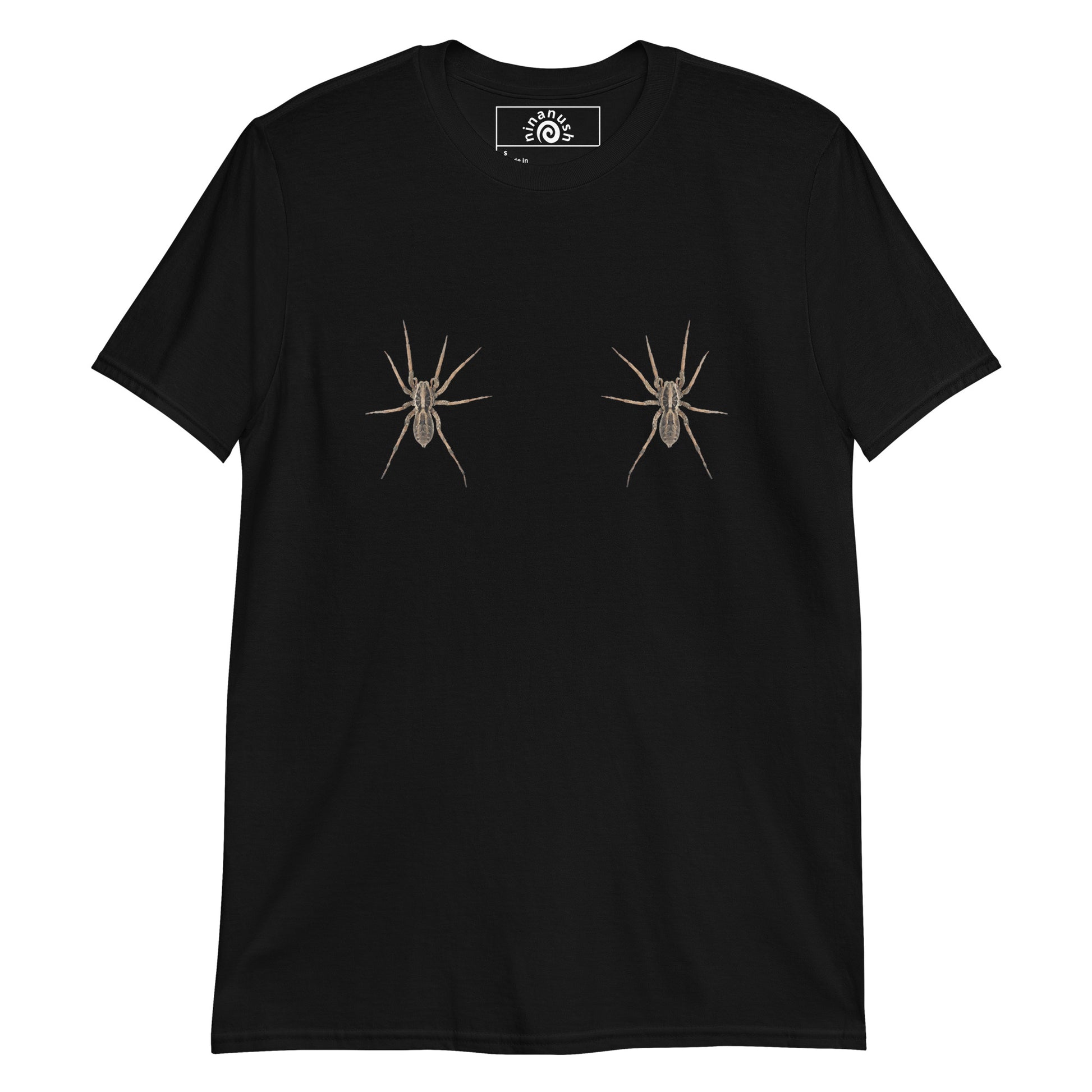 Black Wolf Spider T-shirt from Nina's Funky Shop by ninanush - Do you like spiders? Looking for a funny Halloween shirt? This spooky spider T-Shirt is just what you need. It's a soft and comfortable cotton shirt with a two wolf spiders on the chest. Our funny spider t-shirt design is expertly printed and made just for you. Stay weird and stand out in this wolf spider t-shirt.