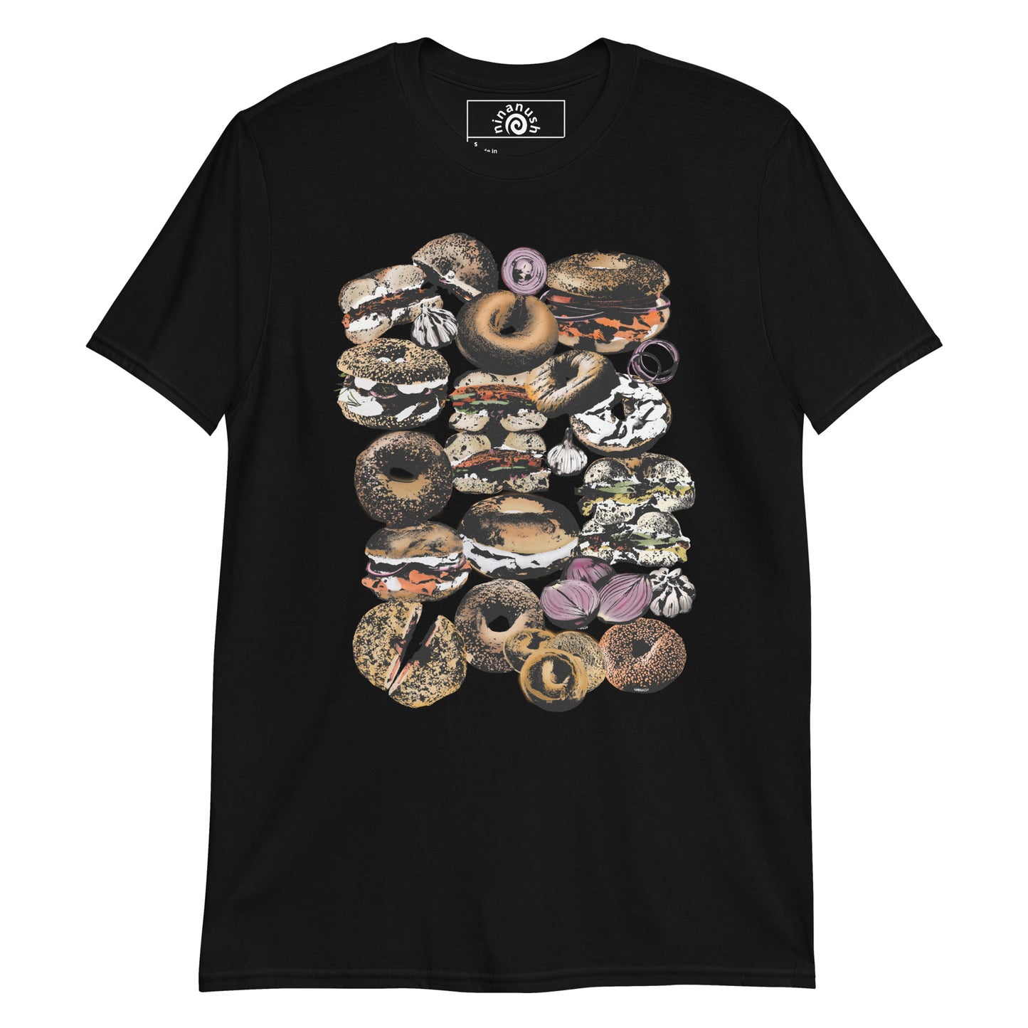 Funky Black Bagel T-shirt from Nina's Funky Shop by ninanush - Are you a bagel enthusiast? Looking for a bagel lover gift? This funky and colorful bagel shirt features bagels, garlic and onions together in the ultimate bagel lover shirt design. Stand out and eat bagels in this funky everything bagel shirt. It's a funny foodie t-shirt for bagel addicts and foodies of all kinds. 