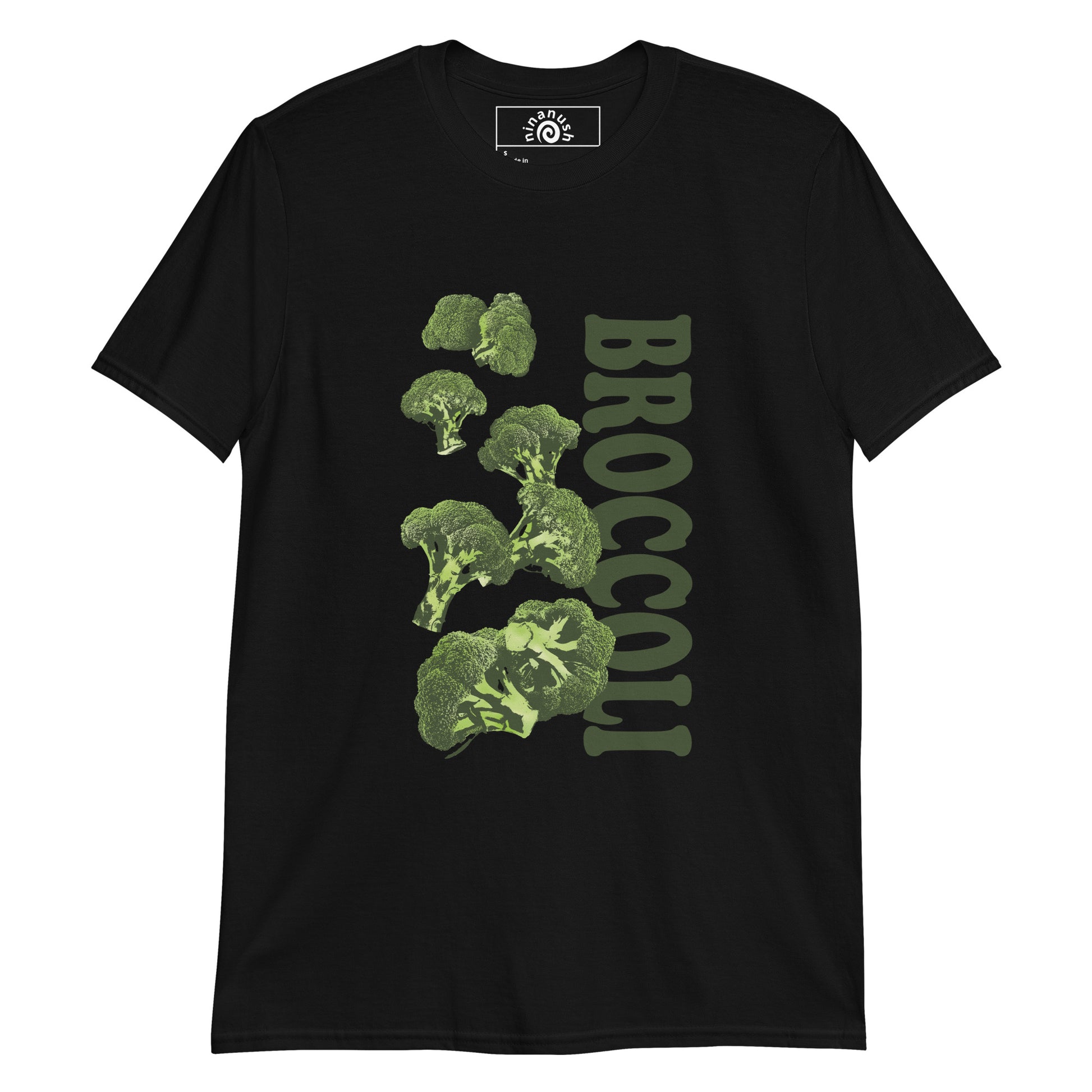 Black broccoli t-shirt from Nina's Funky Shop by ninanush - Love broccoli? Looking for a funny gift? This green broccoli T-shirt has an unique veggie design by Nina, expertly printed on the front. Stand out and make a statement in this weird foodie t-shirt. It's the perfect funny foodie t-shirt for broccoli enthusiasts and foodies or a gift for quirky t-shirt lovers of all kinds.