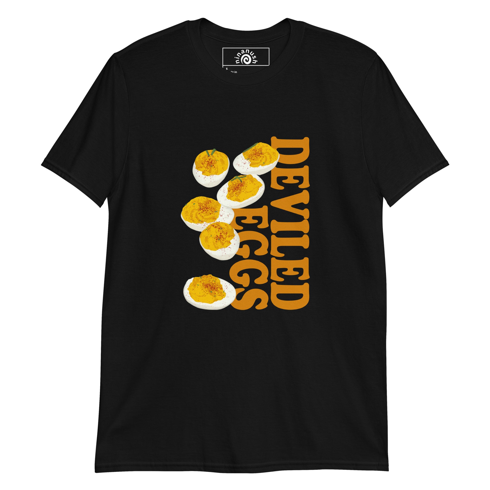 Black deviled eggs t-shirt from Nina's Funky Shop by ninanush - Love deviled eggs? Looking for a funny gift for a friend? Our colorful Deviled Eggs T-shirt is just what you need. It's an egg lover t-shirt with an original design on the front. Stand out in this weird graphic tee and eat your favorite deviled eggs. It's the perfect funny foodie t-shirt for deviled egg enthusiasts.