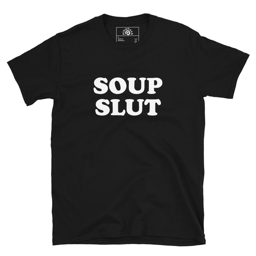 Black soup slut tshirt from Nina's Funky Shop by ninanush - Do you love soup? Looking for a funny gift for a friend? Our Soup Slut Crewneck T-shirt is soft, comfortable and just what you need. It's a unisex foodie shirt that comes in a variety of colors with "soup slut", expertly printed on the front. A funny foodie tee for soup enthusiasts of all kinds. Celebrate your favorite foods in our funky foodie apparel!