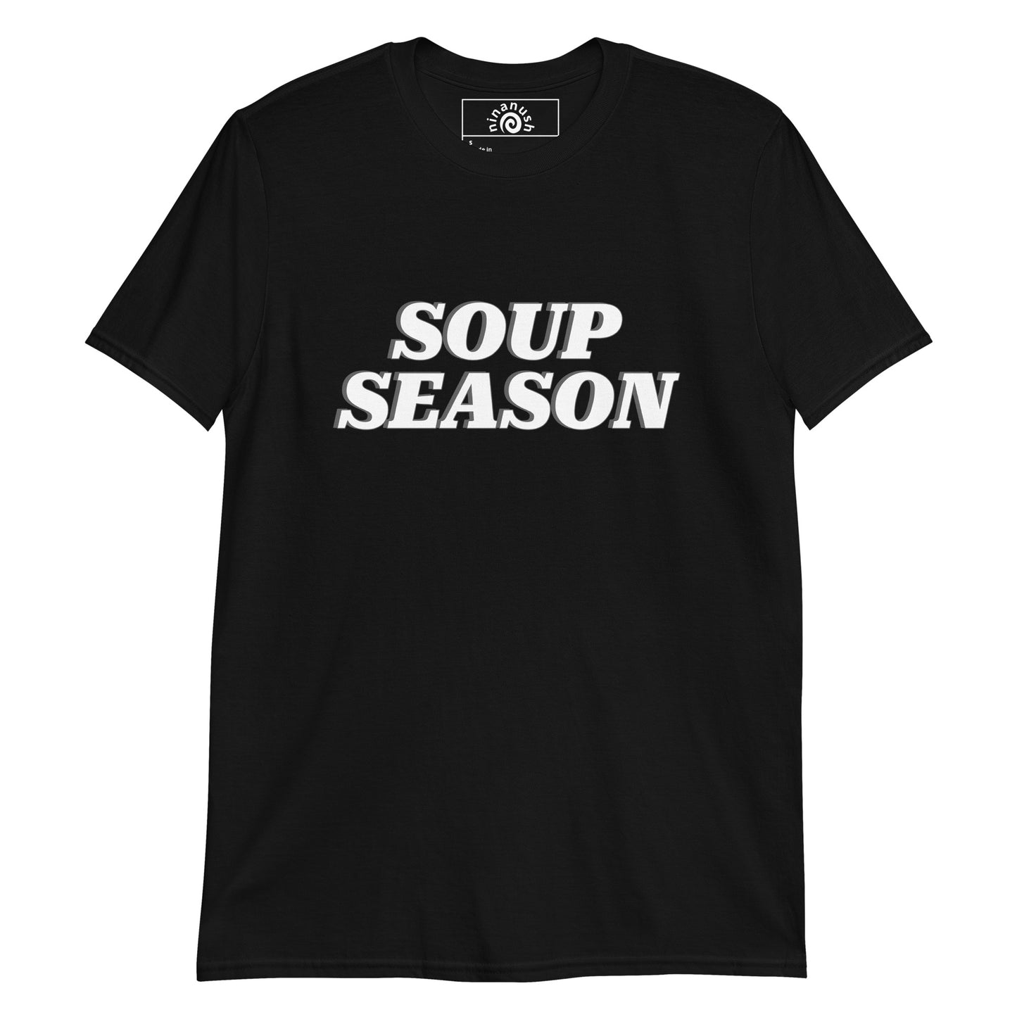 Black Soup Season T-shirt from Nina's Funky Shop by ninanush - Do you love soup? Looking for a funny gift for a soup enthusiast? Our Soup Season T-shirt is soft, comfortable and just what you need. It's a unisex soup lover graphic tee that comes in a variety of colors with "Soup Season", expertly printed on the front. A funny foodie t-shirt for soup enthusiasts and winter food lovers.