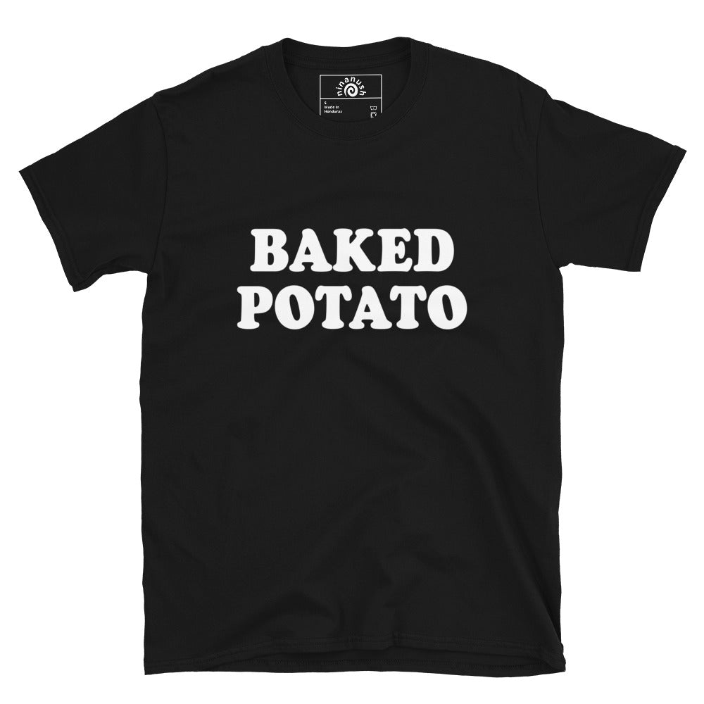 Black Baked Potato T-shirt from Nina's Funky Shop by ninanush - Do you love potatoes? Looking for a funny foodie gift? Our Baked Potato T-shirt is soft, comfortable and just what you need. It's a unisex crewneck t-shirt that comes in a variety of colors with "Baked Potato", expertly printed on the front. A funny foodie t-shirt for baked potato enthusiasts and foodies of all kinds.