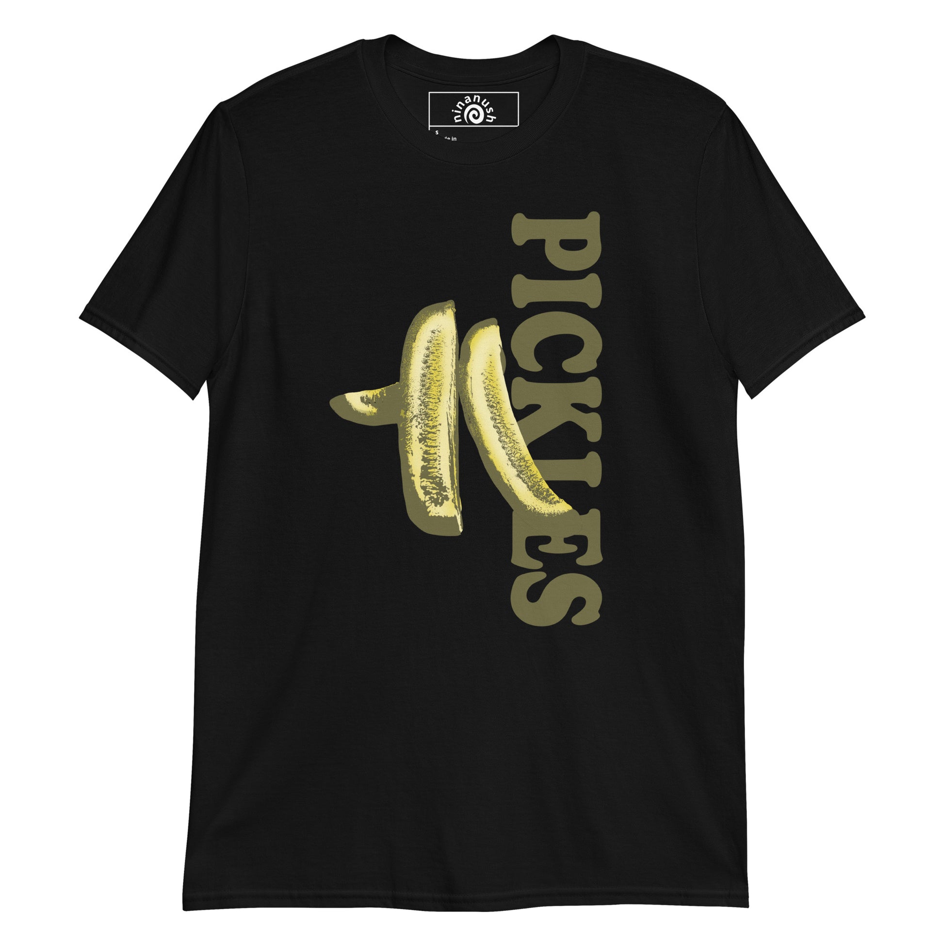 Black Pickles T-shirt from Nina's Funky Shop by ninanush - Do you love pickles? Looking for a unique pickle gift? Our Pickle Spears T-shirt is just what you need. It's a soft and comfortable pickles graphic tee with a funky pickle design, expertly printed on the front. Stand out in this pickle lover t-shirt. It's the perfect funny foodie t-shirt for pickle enthusiasts and foodies of all kinds.