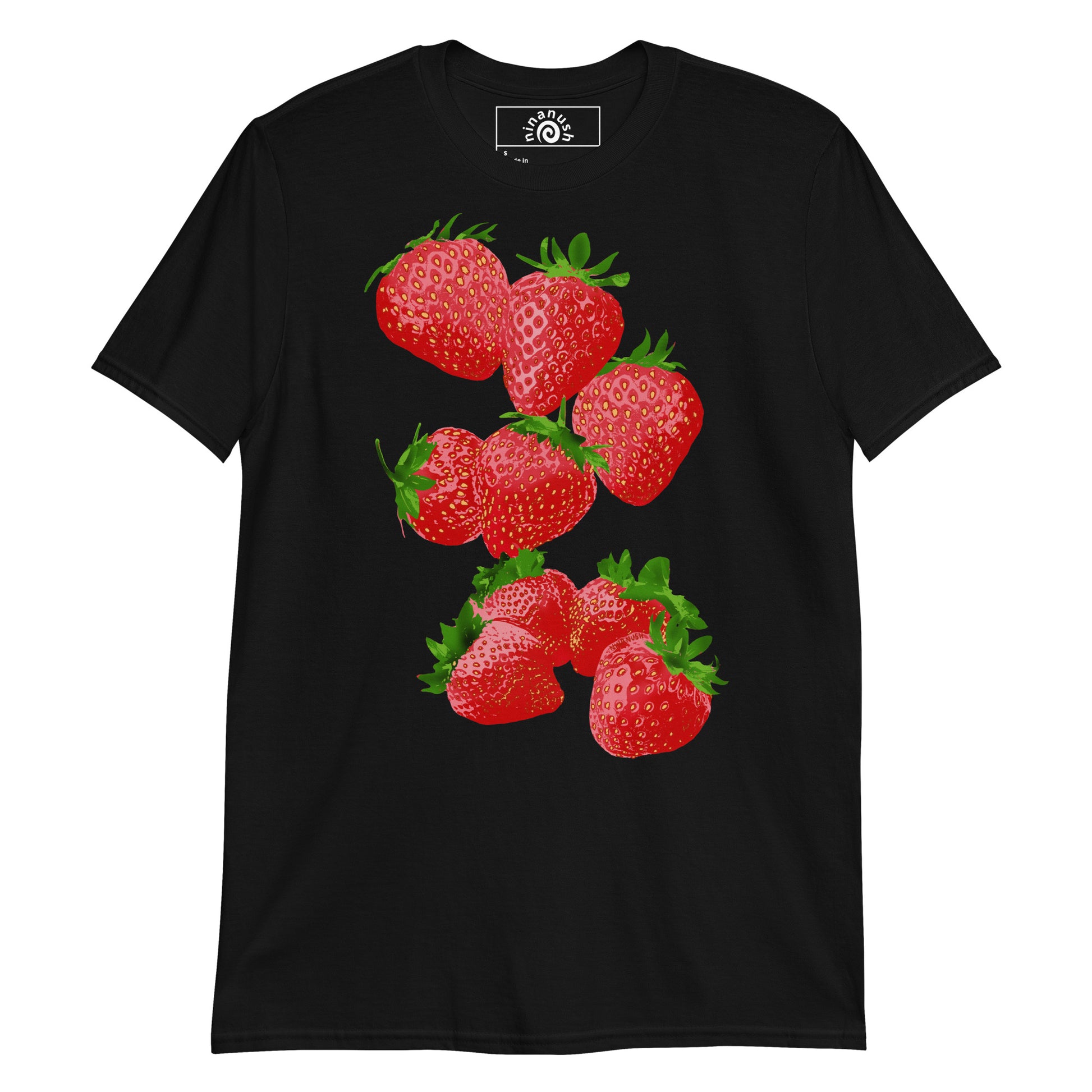 Black Strawberry T-shirt from Nina's Funky Shop by ninanush - Do you love strawberries? Looking for a fun gift? Our colorful Strawberry T-shirt is just what you need. It's a soft and comfortable graphic tee with a bright, hand drawn strawberry design, expertly printed on the front. Stand out in this strawberry lover t-shirt. It's a funky foodie shirt for strawberry enthusiasts.