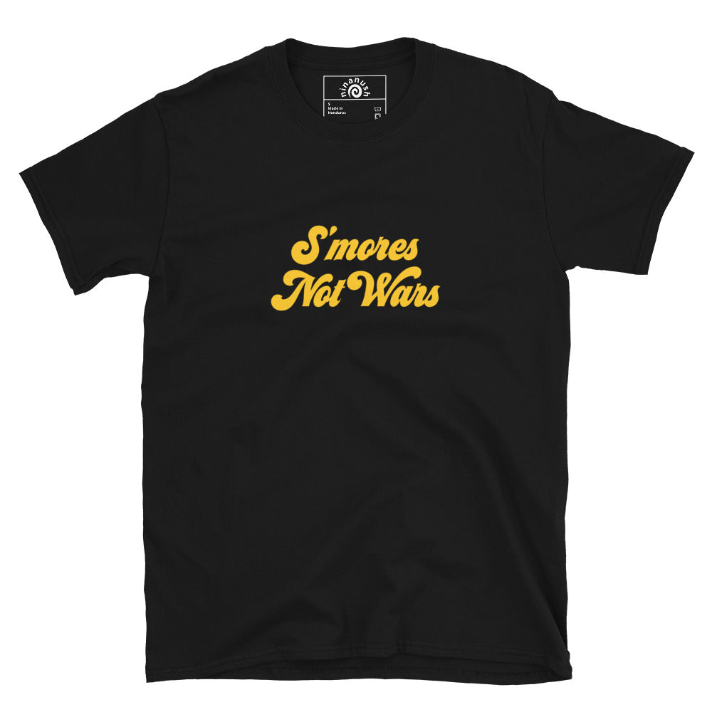 Black S'mores Not Wars T-shirt from Nina's Funky Shop by ninanush - Do you love s'mores? Looking for a funny gift for a foodie? Our S'mores Not Wars T-shirt is soft, comfortable and just what you need. It's a unisex t-shirt that comes in a variety of colors with "S'mores Not Wars", expertly printed on the front. A funny t-shirt for S'mores enthusiasts, foodies and a funny anti war tee for everyday.