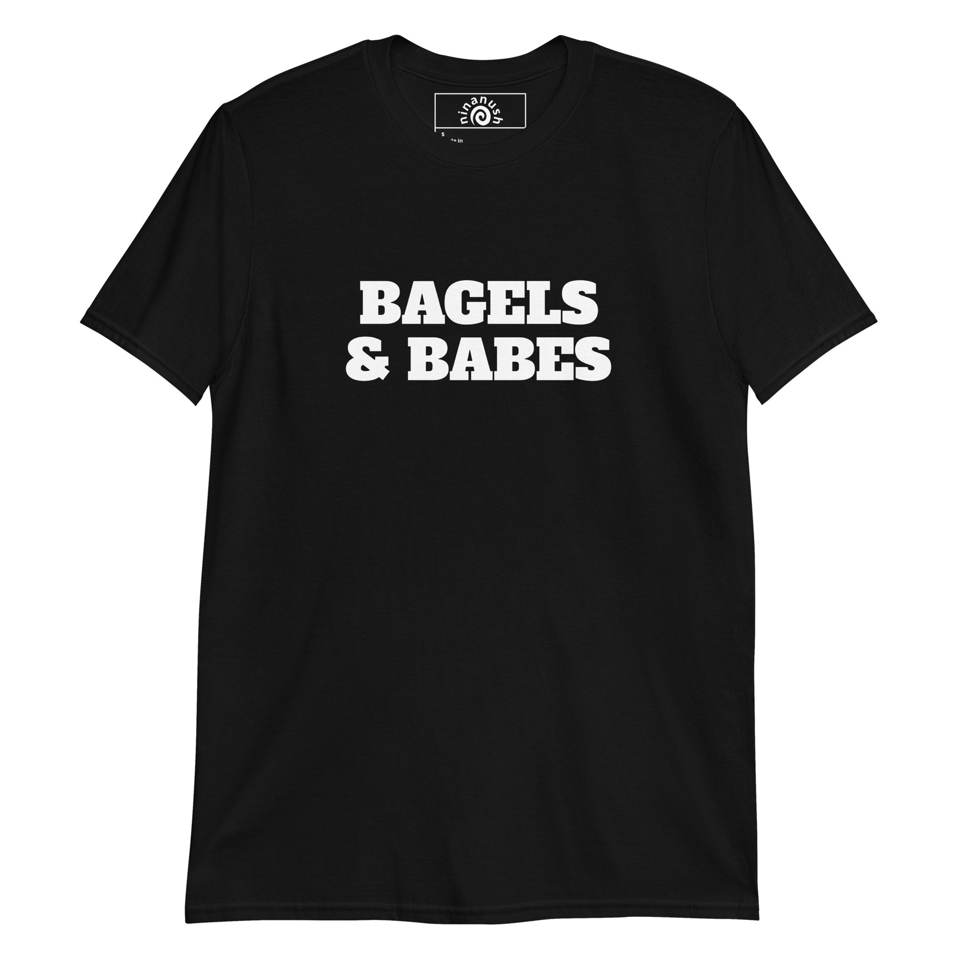 Black Bagel and Babes T-shirt from Nina's Funky Shop by ninanush - Love bagels? Looking for a funny gift for a foodie? Our Bagels And Babes T-shirt is soft, comfortable and just what you need. It's a unisex crewneck t-shirt that comes in a variety of colors with "Bagels And Babes", expertly printed on the front. Eat bagels in this funny bagel lover t-shirt, designed by Nina and made just for you!