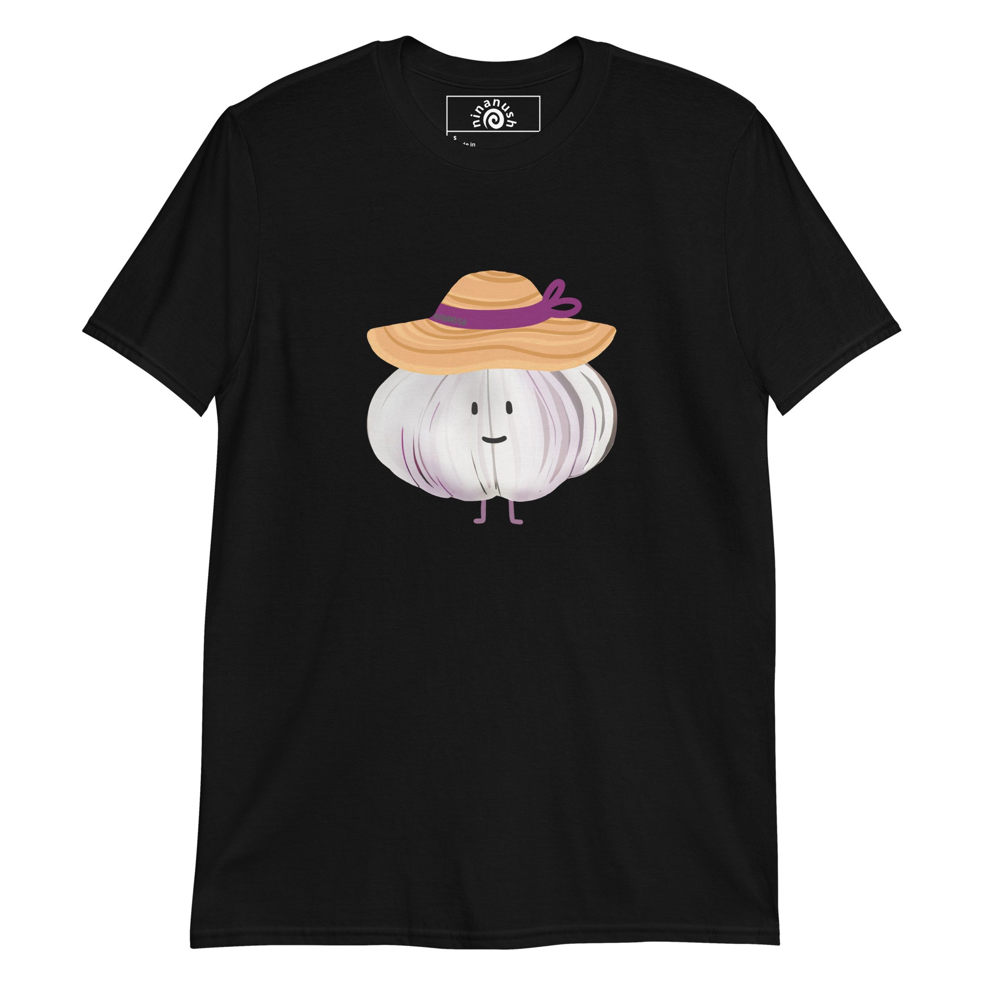 Black T-shirt with A happy head of garlic wearing a sunhat from Nina's Funky Shop by ninanush - Do you love garlic? Looking for a weird graphic tee for your favorite foodie? Our Unique Garlic Design T-shirt is just what you need. It's a t-shirt with a hand drawn design of a happy garlic wearing a sunhat. Stand out in this garlic lover t-shirt. It's a funky gift for garlic enthusiasts and a quirky tee for everyday.