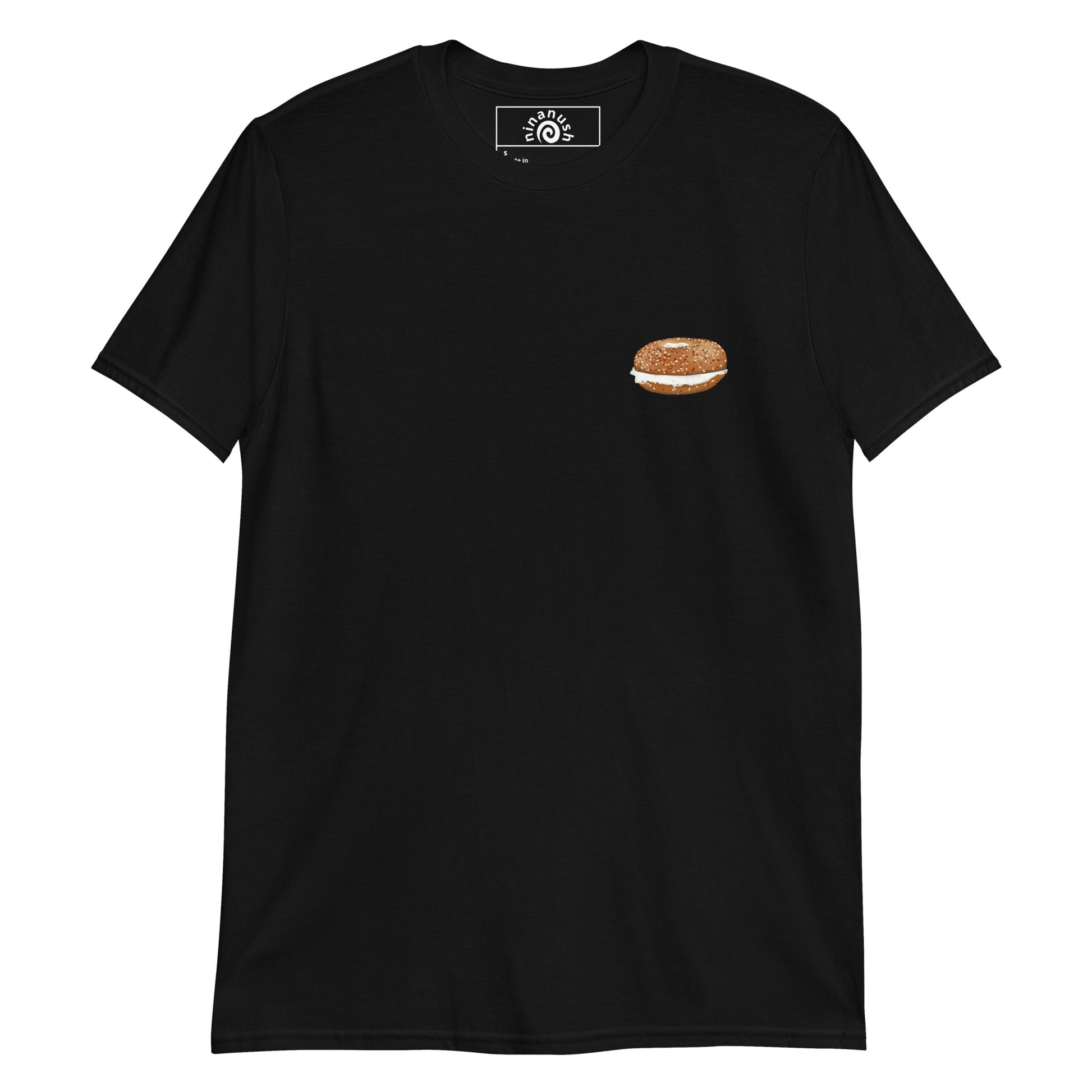 Black Everything Bagels T-shirt from Nina's Funky Shop - Do you love bagels? Looking for a funny gift for a bagel enthusiast? This everything bagel t-shirt is just what you need. It's a cotton tee with an everything bagel, on the front and "I like bagels I eat bagels I am bagels" on the back. Eat your favorite bagels in this unique and funny t-shirt for bagel lovers.