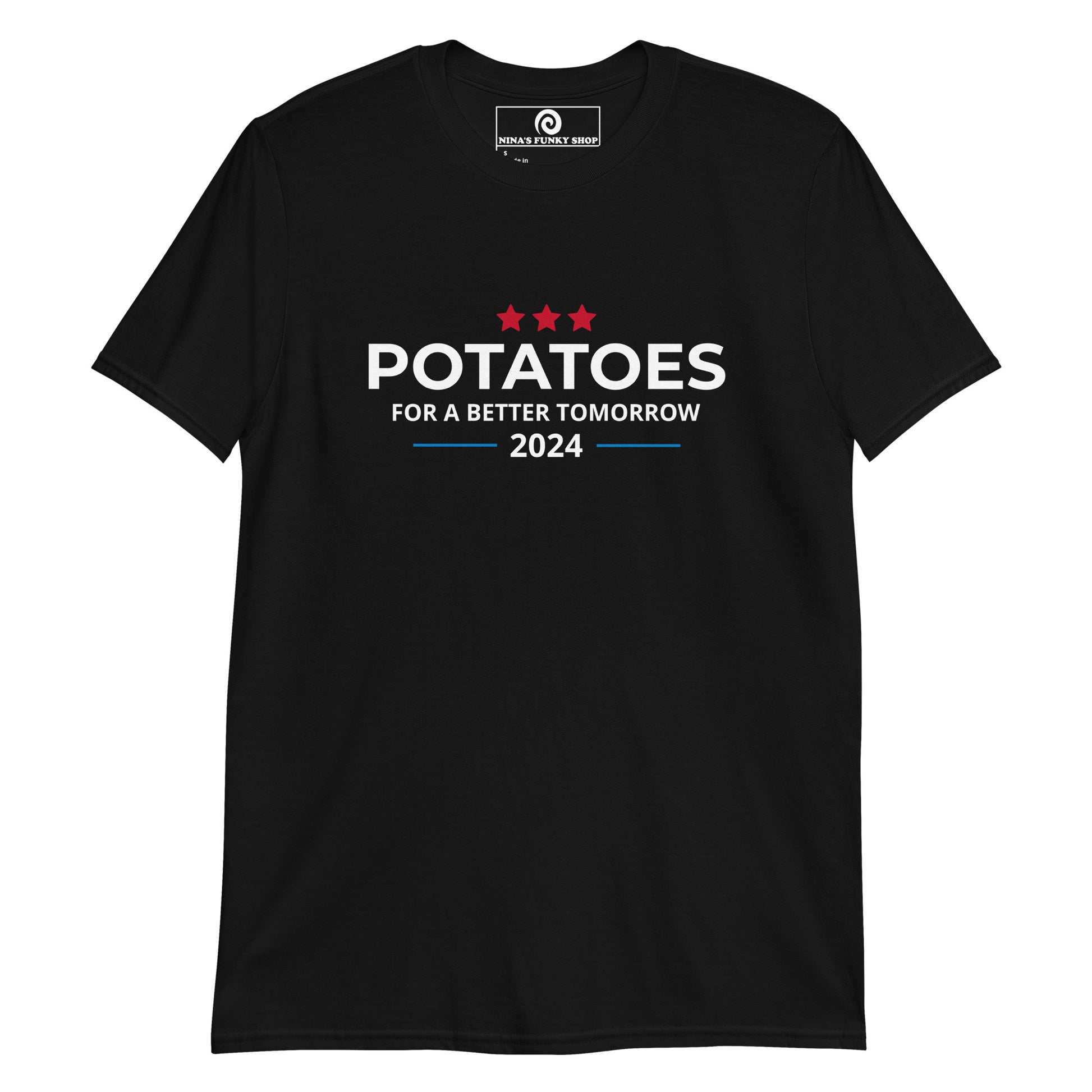 Black Potatoes For a Better Tomorrow 2024 Funny Election T-shirt - Are you a potato enthusiast? Looking for a sarcastic election t-shirt? Our Vote Potatoes 2024 T-shirt is just what you need. It's a soft and comfortable tee with a funny 2024 election design, expertly printed on the front. The perfect tee for potato lovers and everyday foodies. Celebrate your favorite foods in our funky foodie clothing, designed by Nina and made just for you. 