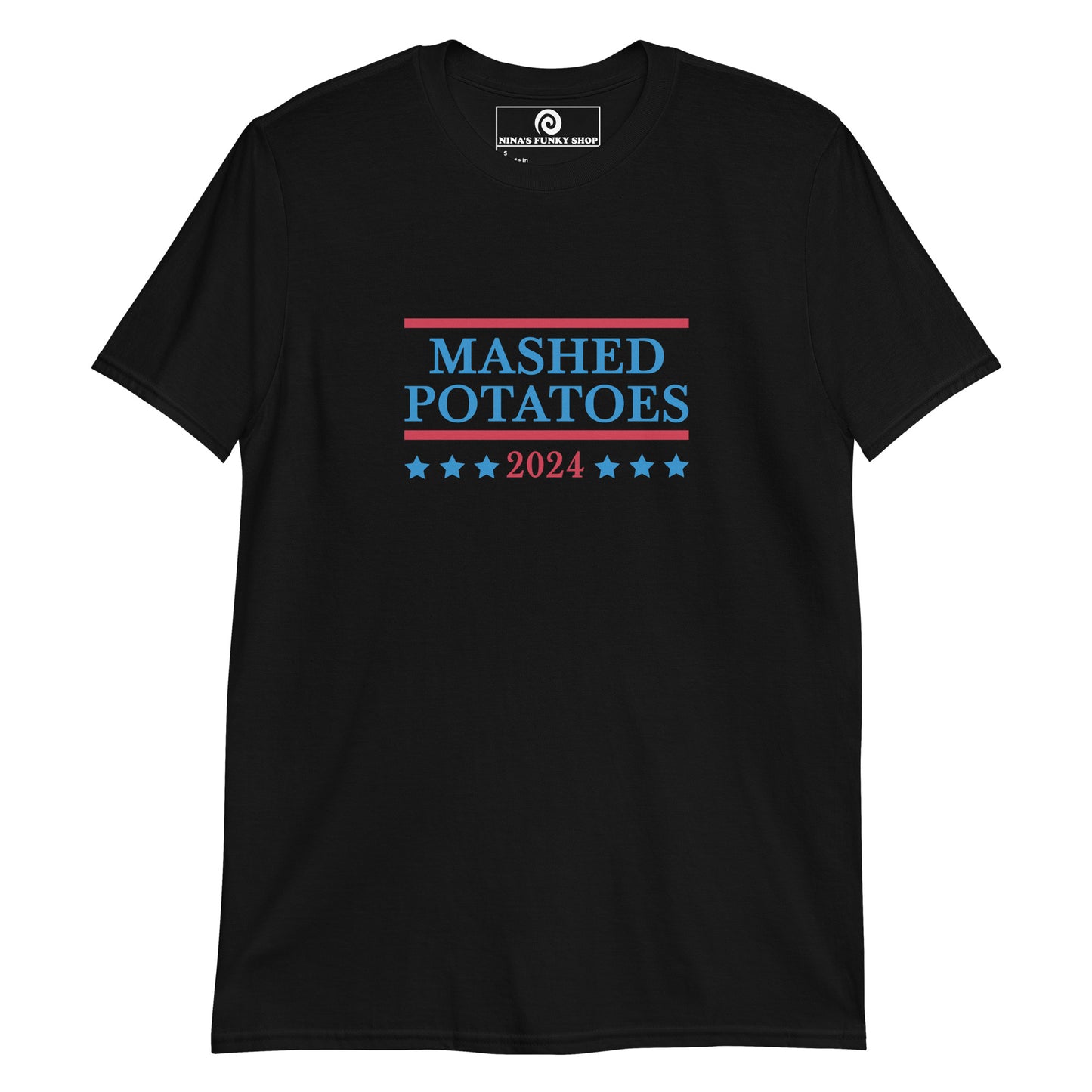 Black funny political t-shirt for mashed potato lovers - Are you a mashed potato enthusiast? Looking for a funny voting t-shirt? Our Mashed Potatoes 2024 Election T-shirt is just what you need. It's a cotton tee with a funny vote design, expertly printed on the front. The perfect tee for mashed potato lovers and a controversial political t-shirt design for everyday foodies. 