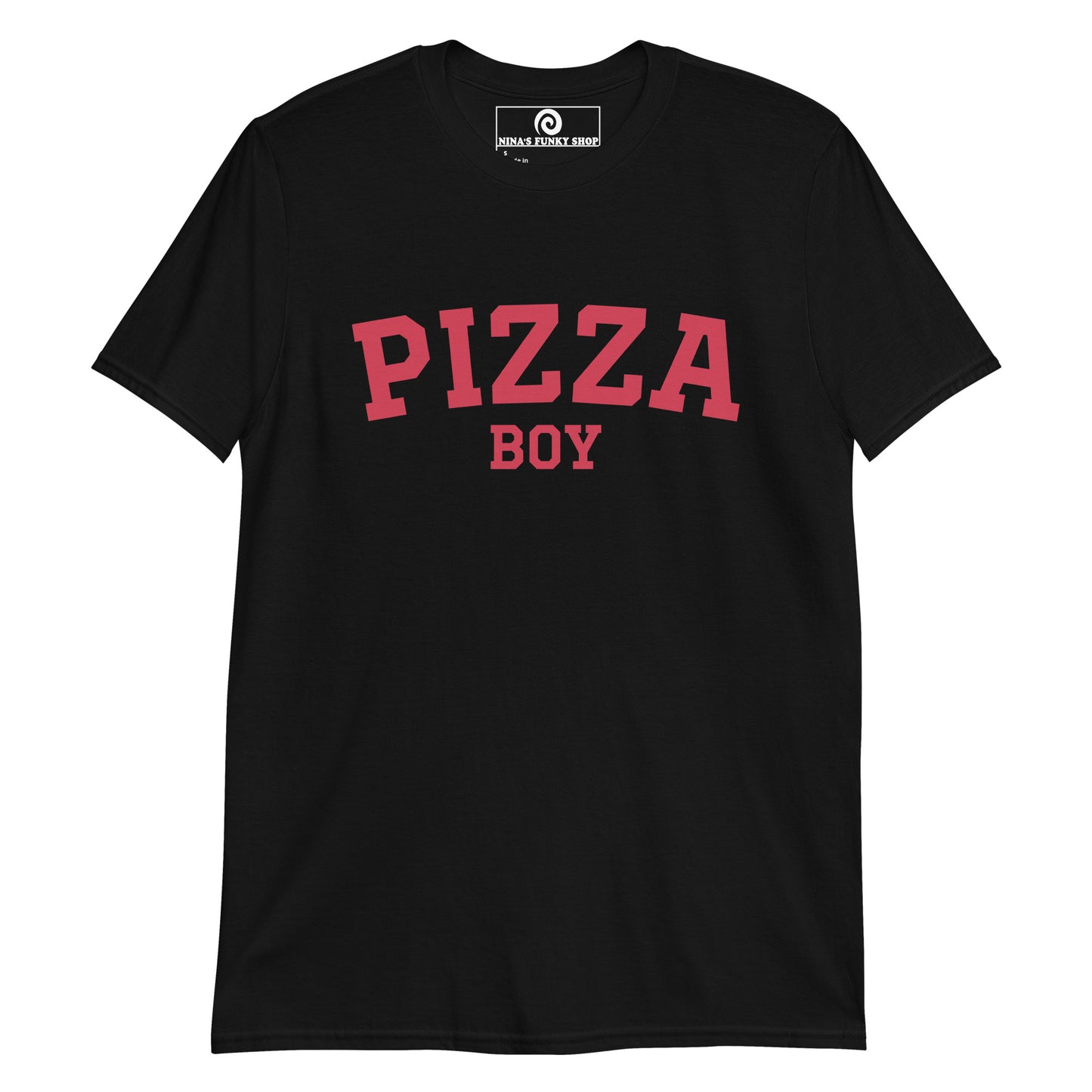 Black Pizza Boy T-shirt - Crazy for pizza? Looking for a funny gift for a foodie? Our Pizza Boy T-shirt is just what you need. It's a soft and comfortable shirt with "Pizza Boy", expertly printed on the front. A varsity tee for pizza enthusiasts and foodies of all kinds. Celebrate your favorite foods in our funky foodie clothing, designed by Nina and made just for you.