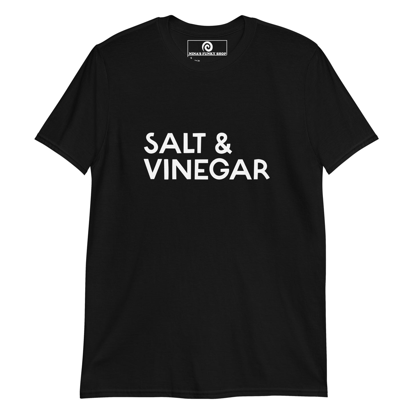 Black Salt and Vinegar T-shirt - Is salt and vinegar your favorite flavor? Looking for a funny gift? This salt and vinegar tee is just what you need. It's soft and comfortable with "Salt & Vinegar", expertly printed on the front. The perfect shirt for salt and vinegar lovers and foodies of all kinds. Designed by Nina and made just for you. Looking for something personalized? Shoot us an email!