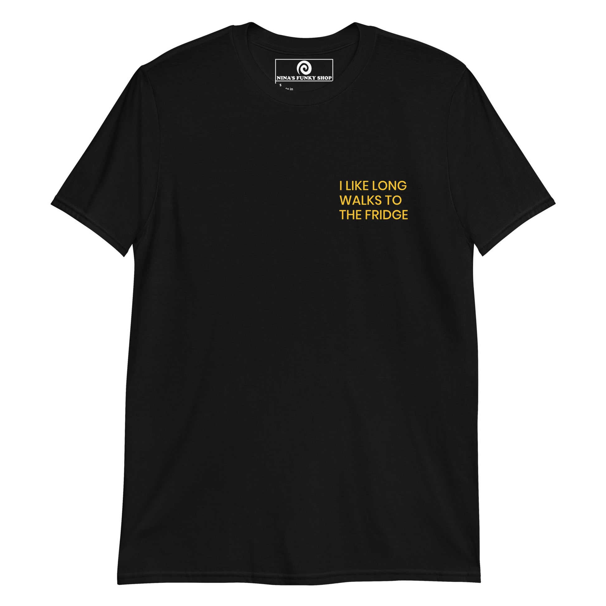 Black I Like Long Walks To The Fridge T-shirt - I like long walks to the fridge. This funny foodie t-shirt is soft, comfortable and perfect for everyday wear. Stand out in our sarcastic graphic tees and funny foodie apparel. Designed by Nina and made just for you.