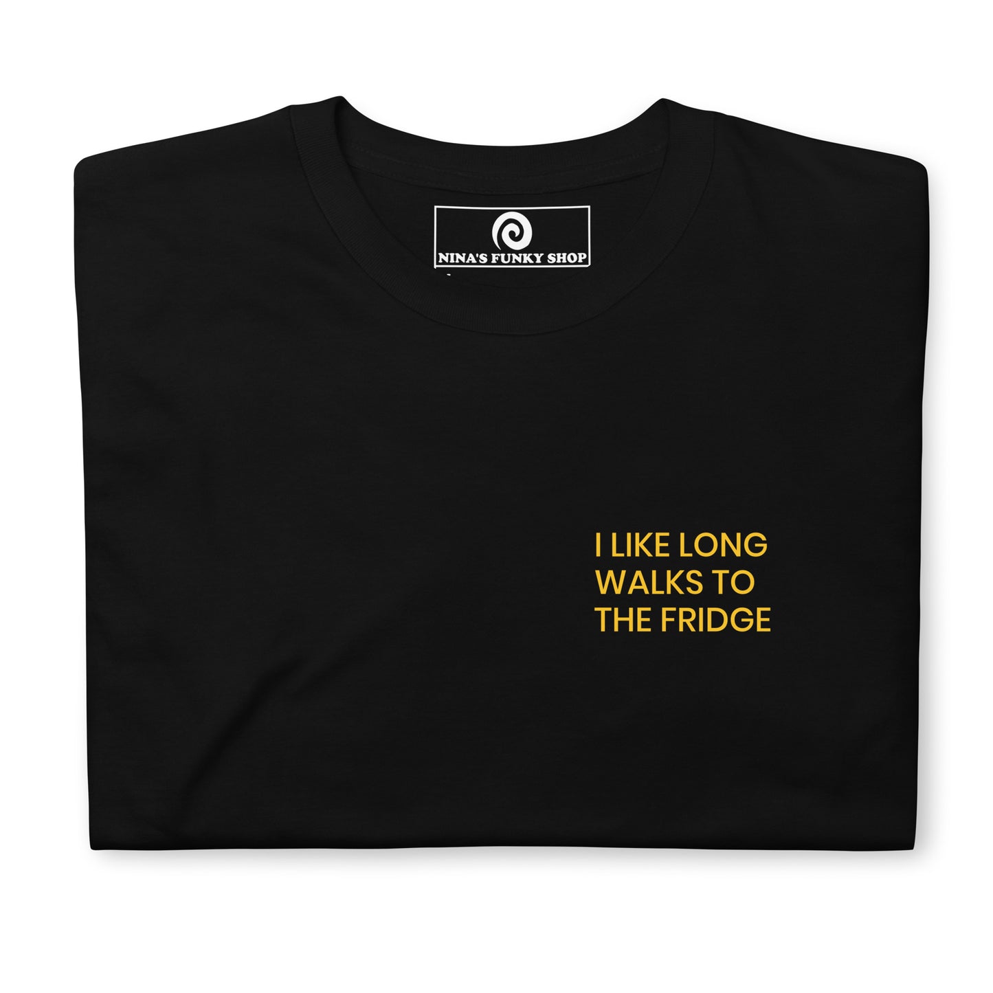 Black I Like Long Walks To The Fridge T-shirt - I like long walks to the fridge. This funny foodie t-shirt is soft, comfortable and perfect for everyday wear. Stand out in our sarcastic graphic tees and funny foodie apparel. Designed by Nina and made just for you. 