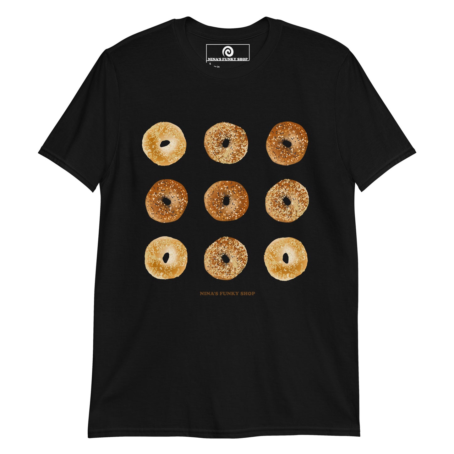 Black Bagel Design T-shirt - Love bagels? This unique bagel t-shirt is just what you need! It's soft, comfortable and comes in a variety of colors with a hand drawn bagel design, expertly printed on the front. The perfect tee for bagel lovers and foodies of all kinds.