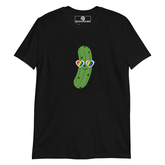 Black Funny Pride T-shirt with Pickle Design - Our pride Pickle T-shirt is soft, comfortable and comes in a variety of colors with a funny pickle design wearing heart pride sunglasses. Eat your favorite pickles in this funny foodie tee. Stand out in our sarcastic graphic tees and funny foodie apparel. Designed by Nina and made just for you! 