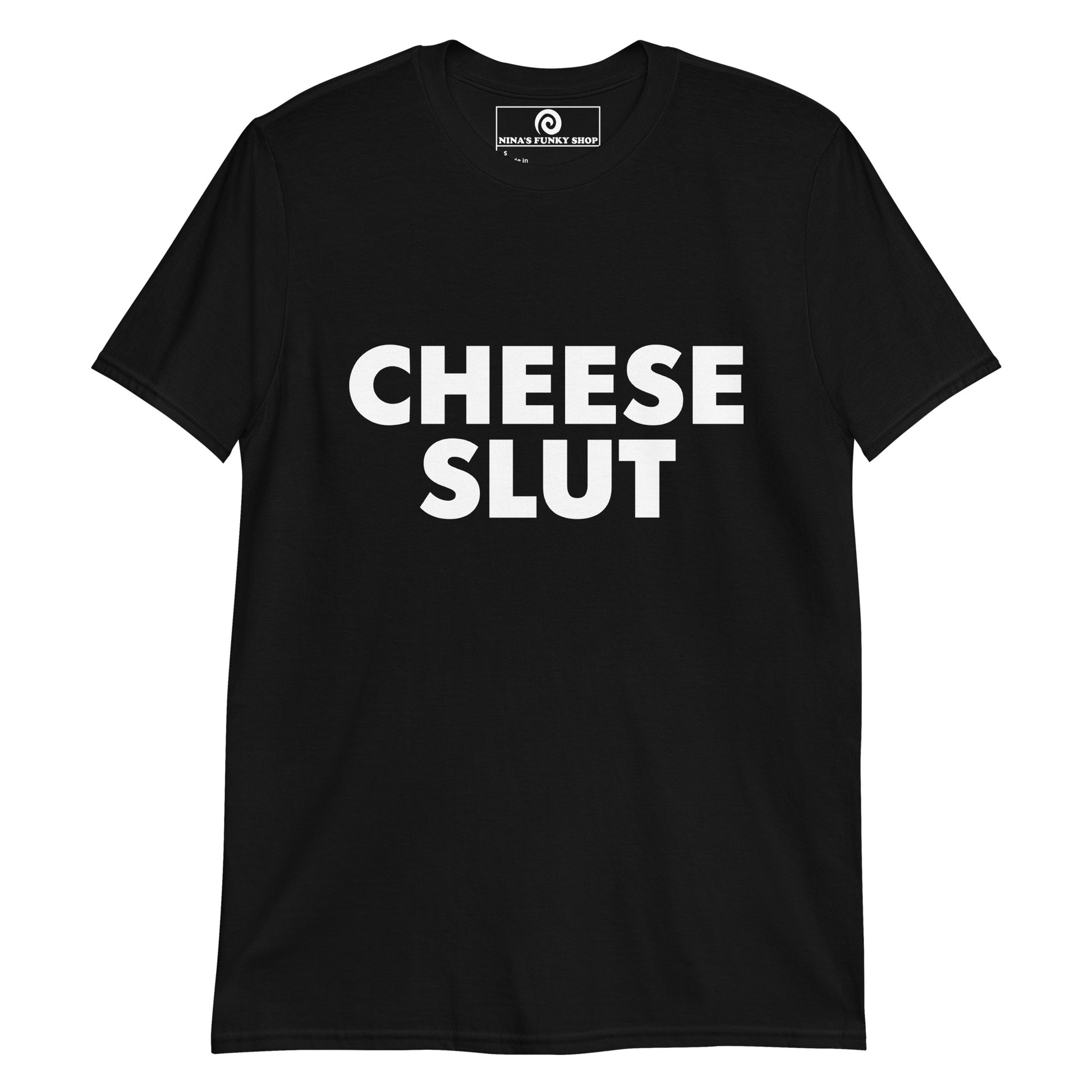 Black Cheese Slut T-Shirt - Are you a cheese slut? Eat cheese in our Cheese Slut T-Shirt! This funny cheese t-shirt is perfect for everyday streetwear or a sarcastic gift for a cheese lover. Its a soft and comfortable t-shirt with a cheese quote, expertly printed on the front. Stand out in our sarcastic graphic tees and funny foodie apparel.