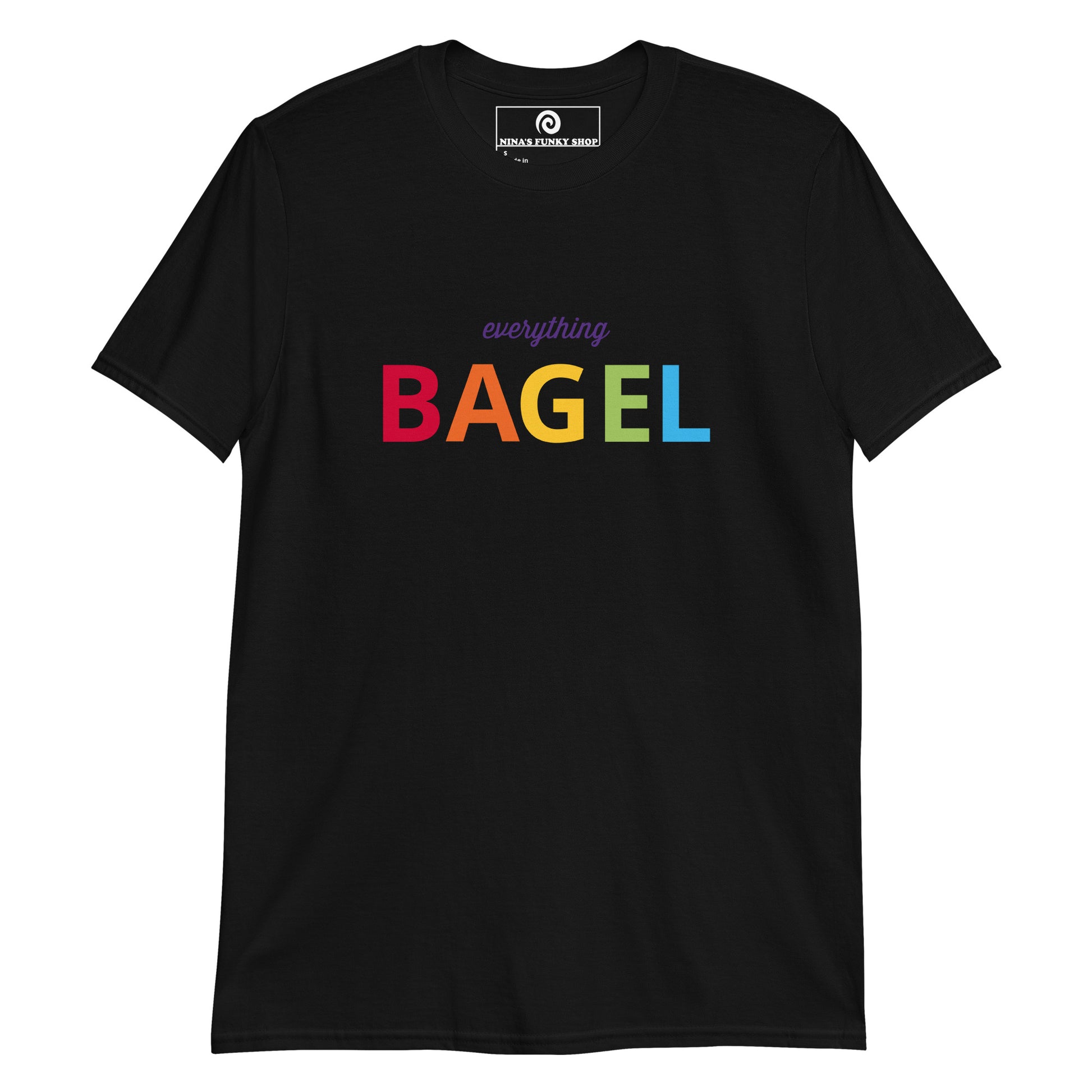 Black Everything Bagel T-Shirt - Love bagels? This Bagel T-Shirt is soft, comfortable and perfect for everyday streetwear. It's a classic cotton T-Shirt with a funny pride design for bagel enthusiasts and foodies of all kinds. Stand out in our colorful graphic tees and funny foodie apparel. Designed by Nina and made just for you!