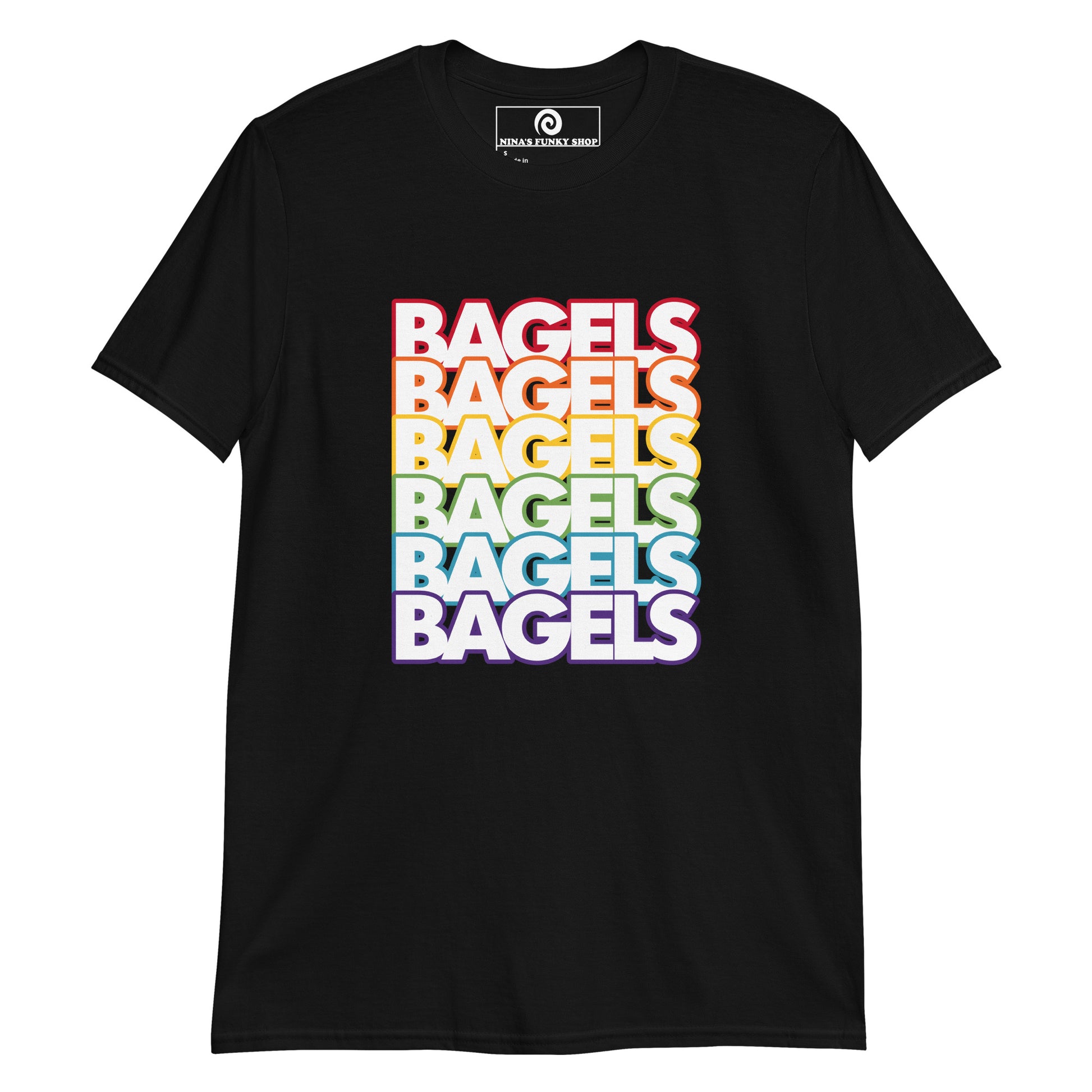 Black Rainbow Bagels T-Shirt - Love bagels? This Rainbow Bagel T-Shirt is soft, comfortable and perfect for everyday streetwear. It's a classic cotton T-Shirt with bright pride colors for bagel enthusiasts and foodies of all kinds. Stand out in our colorful graphic tees and funny foodie apparel.