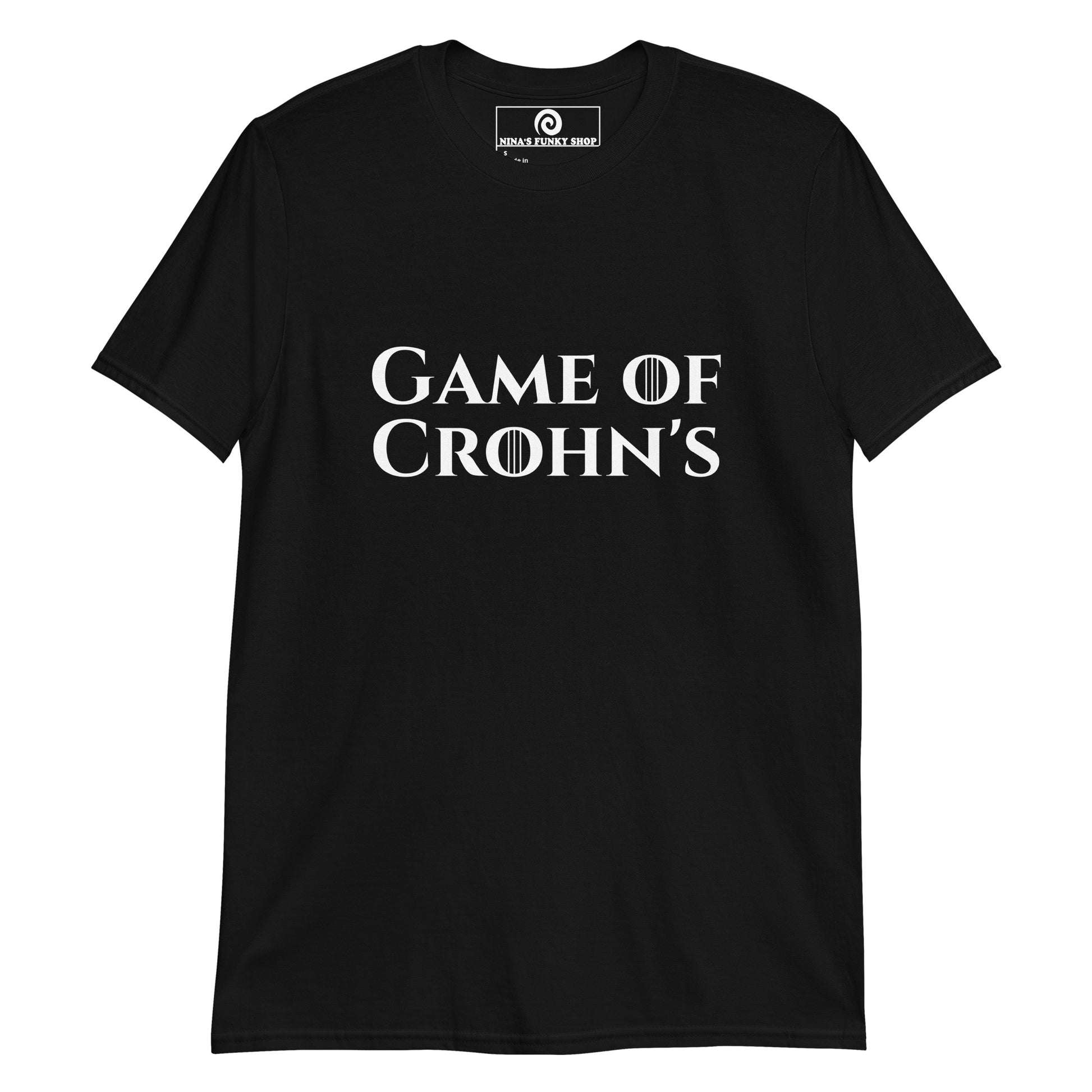 Black Game Of Crohn's Shirt - Our Game Of Crohn's T-Shirt is soft and comfortable with a funny Crohn's design. A sarcastic shirt for those with IBD and a sense of humor. Wear this cotton tee as everyday streetwear or a give it a gift for a friend with Crohn's. Looking for something personalized? Shoot us an email!