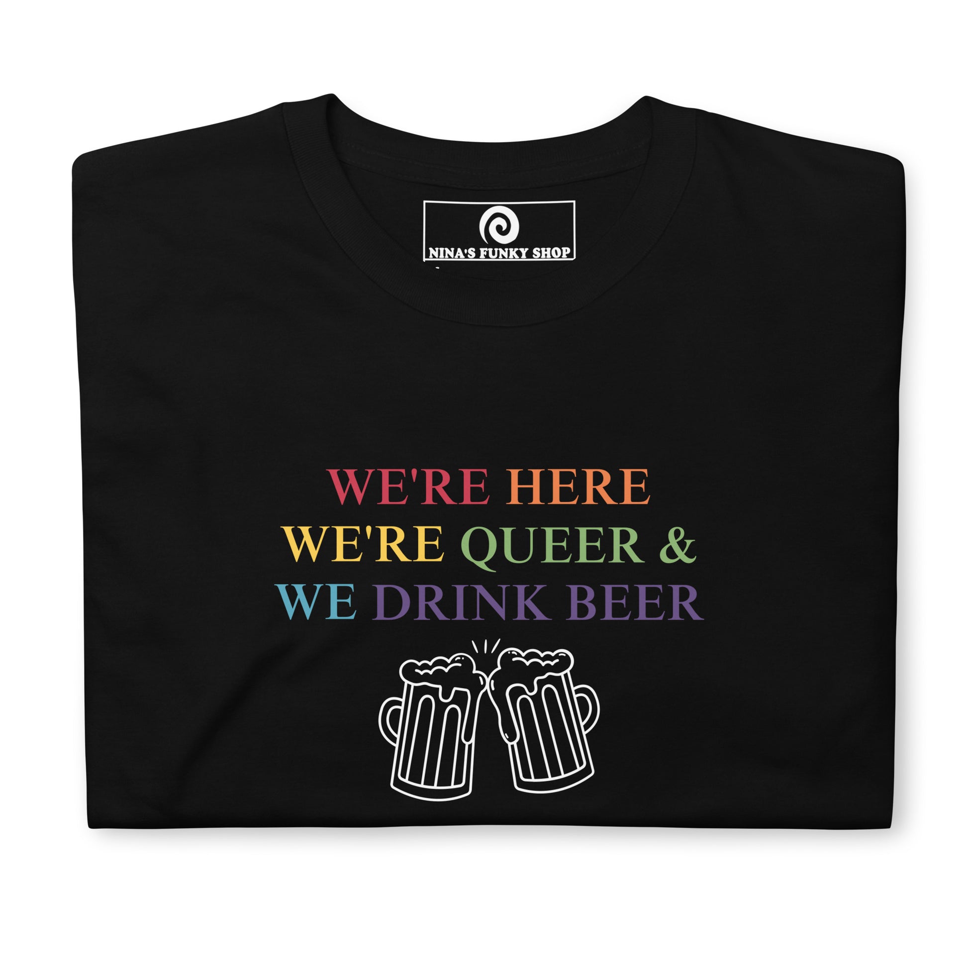 Black and rainbow We're Here We're Queer and We Drink Beer graphic tee - Are you queer and love beer? Looking for the perfect party t-shirt for pride? This t-shirt is soft, comfortable and made just for you. It's a classic cotton tee with a funny lgbtq design, expertly printed on the front. Looking for something personalized? Shoot us an email!