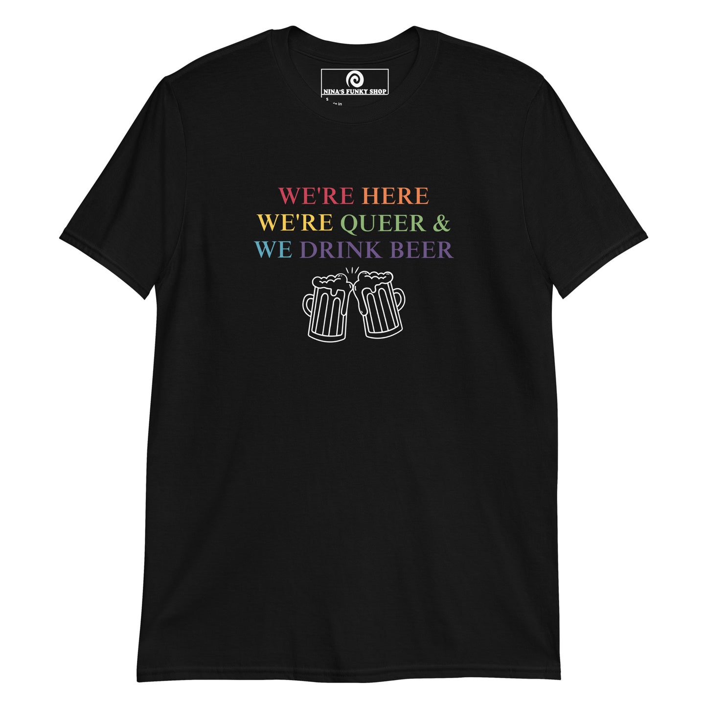 Black Rainbow Pride We're Here We're Queer and We Drink Beer graphic tee - Are you queer and love beer? Looking for the perfect party t-shirt for pride? This t-shirt is soft, comfortable and made just for you. It's a classic cotton tee with a funny lgbtq design, expertly printed on the front. Looking for something personalized? Shoot us an email!