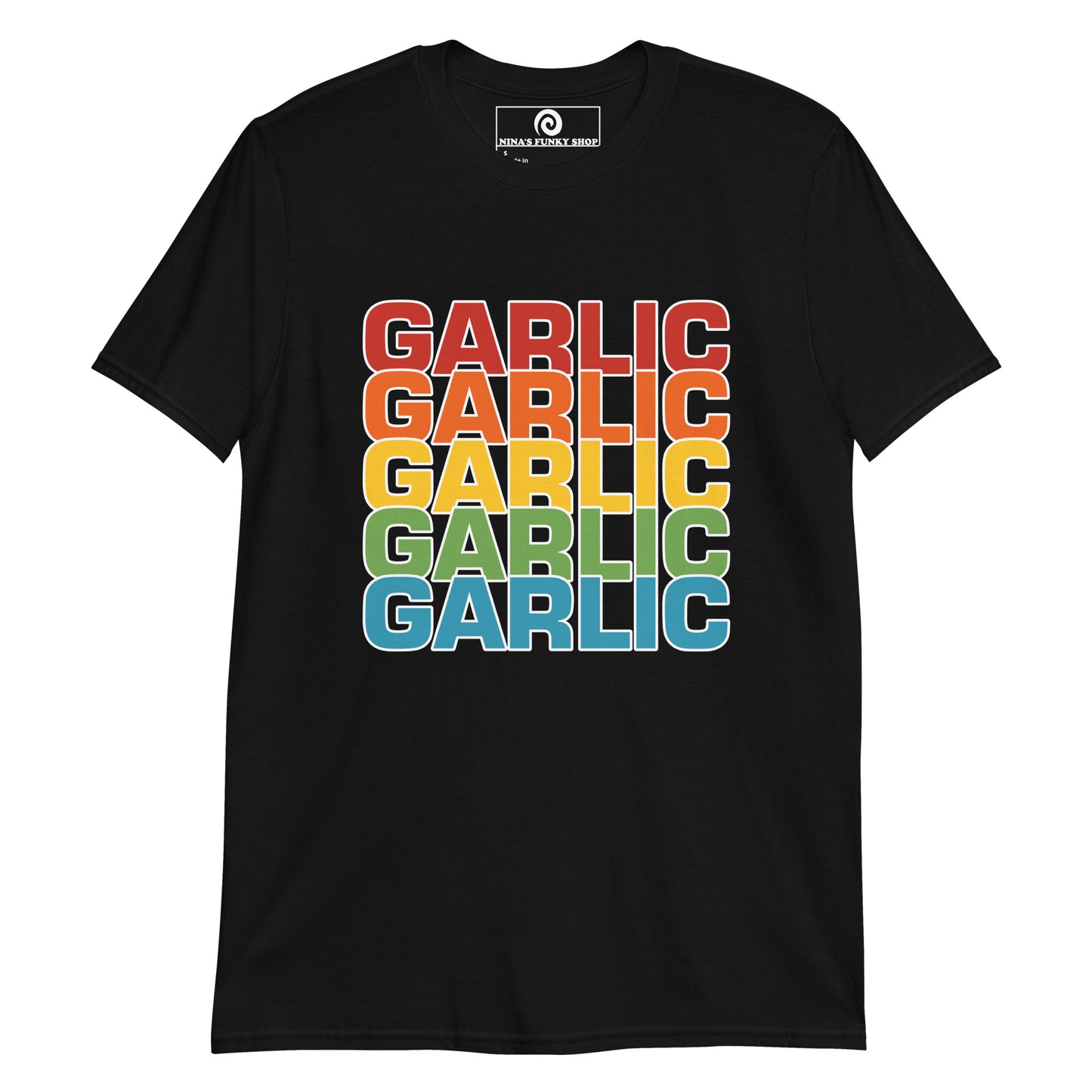 Black Garlic T-Shirt - A cotton T-Shirt with the word "garlic" printed in bold colors on the front. It's soft, comfortable and made just for you and your favorite garlic enthusiast. This funny food shirt is designed for garlic lovers and makes a unique gift and unusual shirt for foodies of all kinds. Eat garlic in our food lover apparel.