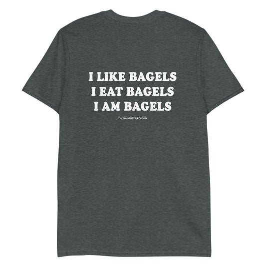 Dark Gray Bagels T-shirt from Nina's Funky Shop - Do you love bagels? Looking for a funny gift for a bagel enthusiast? This everything bagel t-shirt is just what you need. It's a cotton tee with an everything bagel, on the front and "I like bagels I eat bagels I am bagels" on the back. Eat your favorite bagels in this unique and funny t-shirt for bagel lovers. 