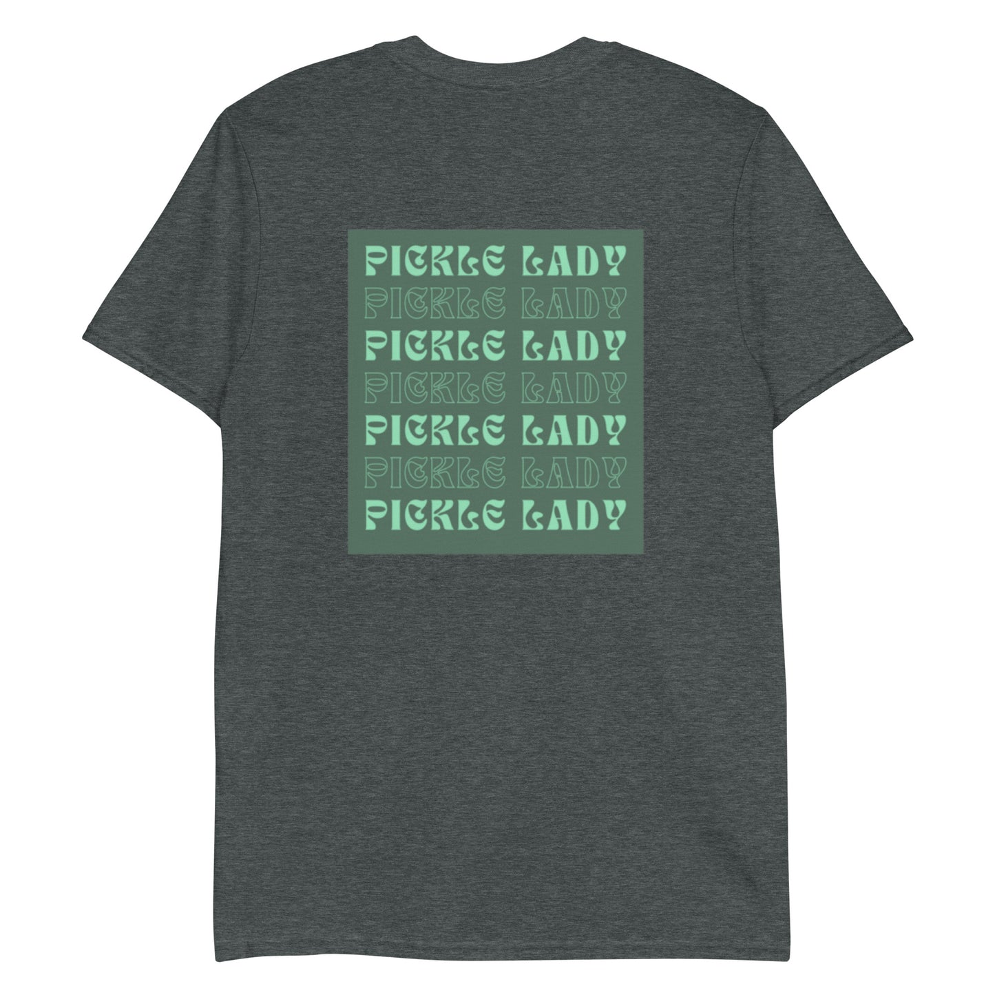 Dark Gray T-Shirt with Pickle Lady Design - Are you a pickle lady? Looking for a gift for a pickle enthusiast? Our funky Pickle Lady T-Shirt is just what you need. It's a soft and comfortable cotton tee that comes in a variety of colors with a green pickle lady design on the back and a unique pickle spears design on the front. Make a statement and eat your favorite pickles in this funny pickle shirt.