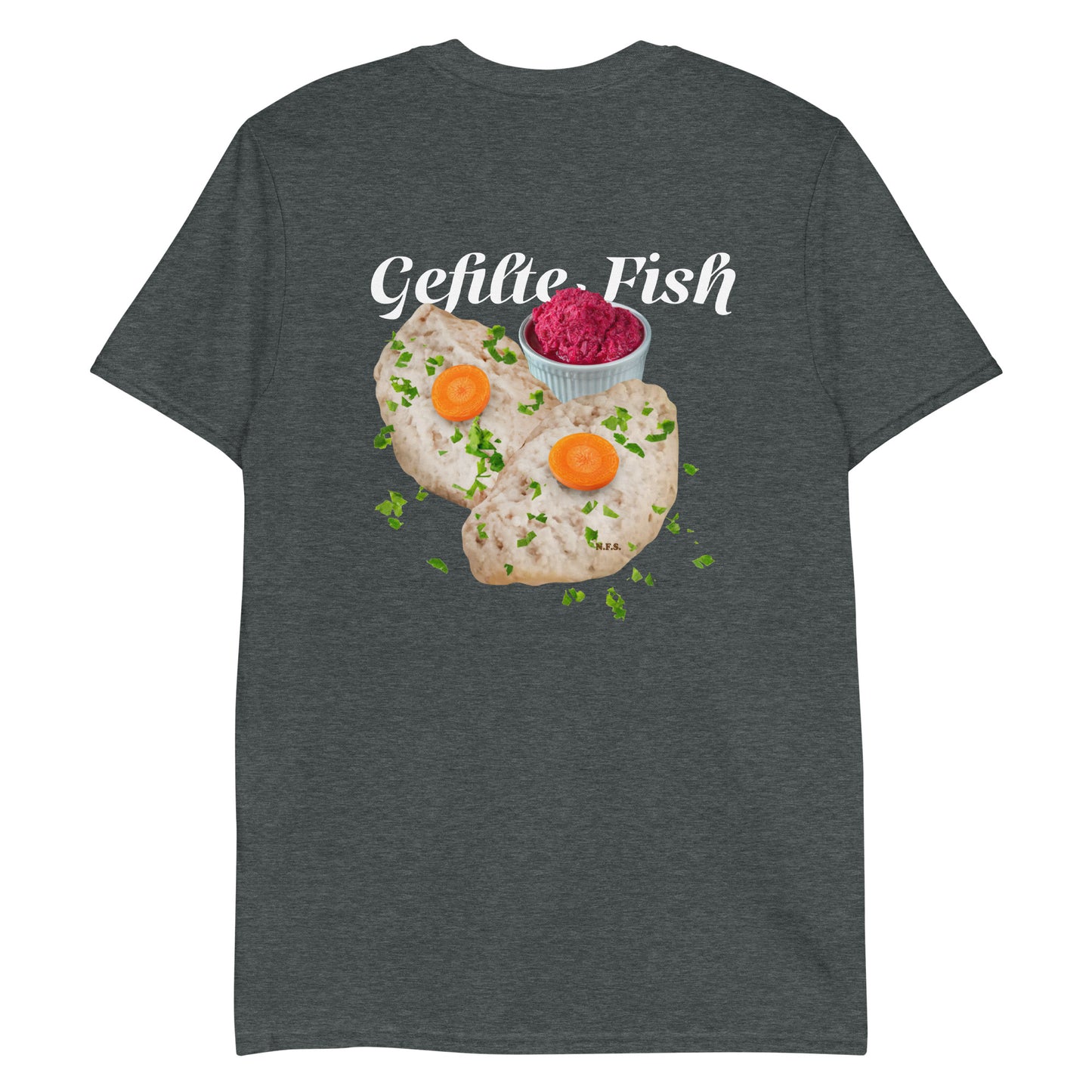 Dark Gray Gefilte Fish Shirt - Love gefilte fish? Looking for a funny gift for an Ashkenazi? Our Gefilte Fish T-Shirt is just what you need. It's soft and comfortable with a unique Gefilte Fish Design, expertly printed on the front. 
