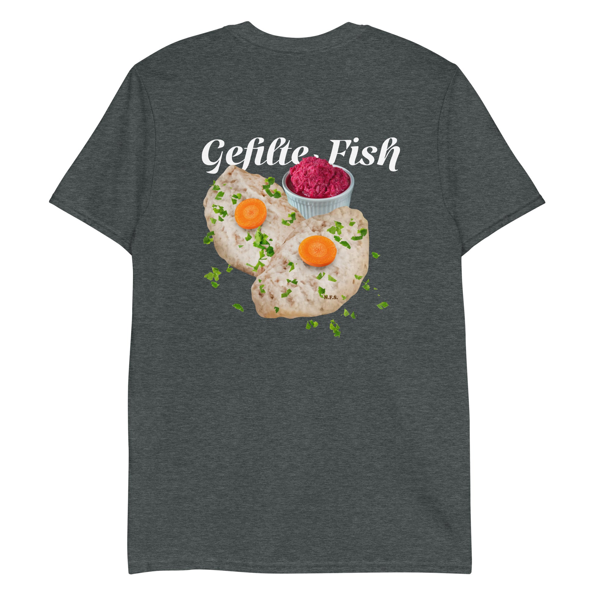 Dark Gray Gefilte Fish Shirt - Love gefilte fish? Looking for a funny gift for an Ashkenazi? Our Gefilte Fish T-Shirt is just what you need. It's soft and comfortable with a unique Gefilte Fish Design, expertly printed on the front. 
