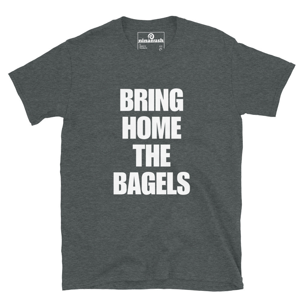 Gray bagel shirt for foodies - Bring home the bagels! Make a statement and eat bagels in style in this funny foodie t-shirt for bagel lovers. It's soft, comfortable and made just for you to show off your love of bagels. It's a unique t-shirt with a funny bagel saying. The perfect funny t-shirt for foodies of all kinds or a gift for bagel lovers. 