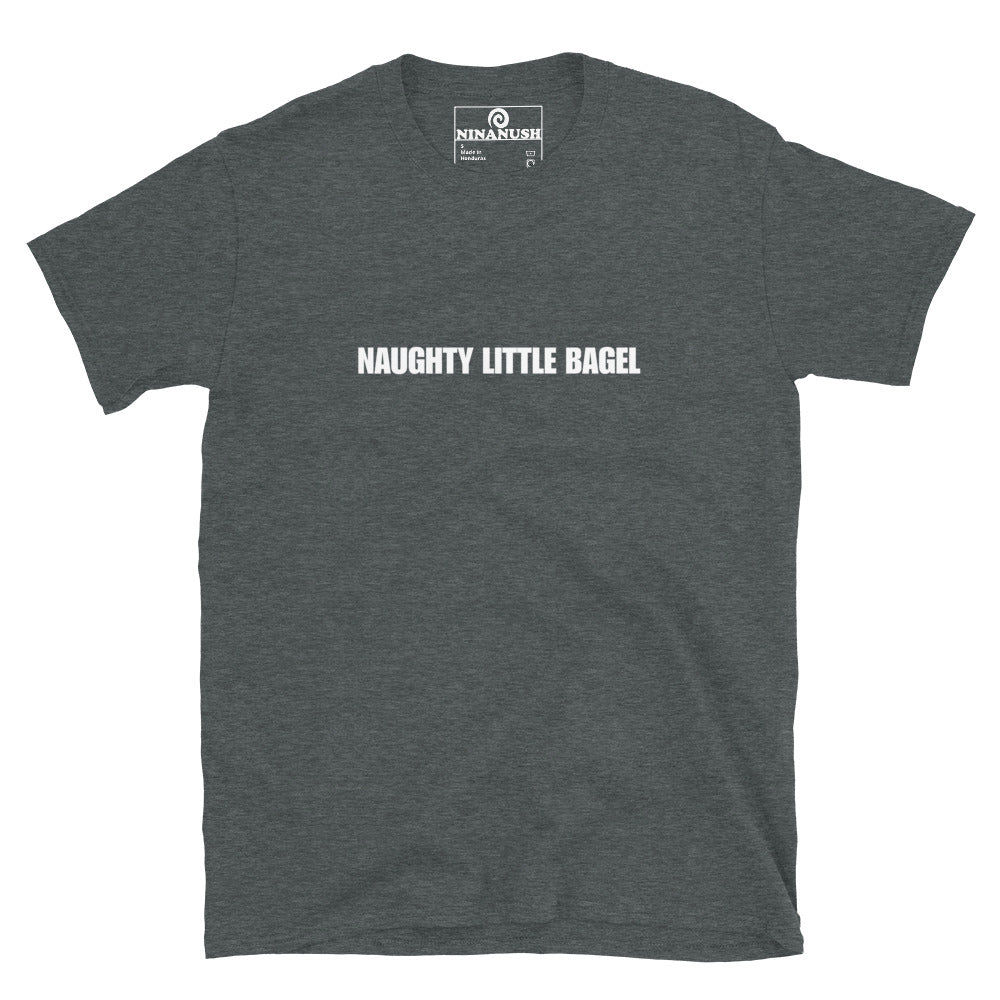 Dark gray funny bagel shirt for foodies - Unique and funky naughty little bagel t-shirt. Make a statement and eat bagels in style in this funny foodie t-shirt for bagel lovers. It's soft, comfortable and made just for you or the naughty little bagel in your life. Give it as a funny gift for bagel enthusiasts or wear it as weird everyday foodie streetwear.