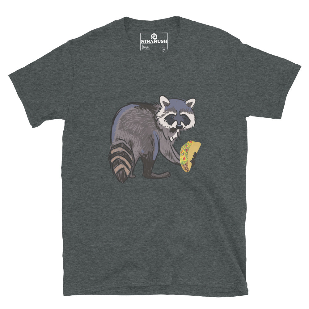 Gray taco and raccoon lover shirt for foodies - This funky raccoon and taco lover t-shirt is colorful, hand drawn and made just for you. It's a classic comfortable t-shirt with a totally unique design of a raccoon eating a taco. Eat tacos in style or give this shirt as a funny raccoon lover gift. Celebrate your favorite foods in our funny food shirts and accessories. 