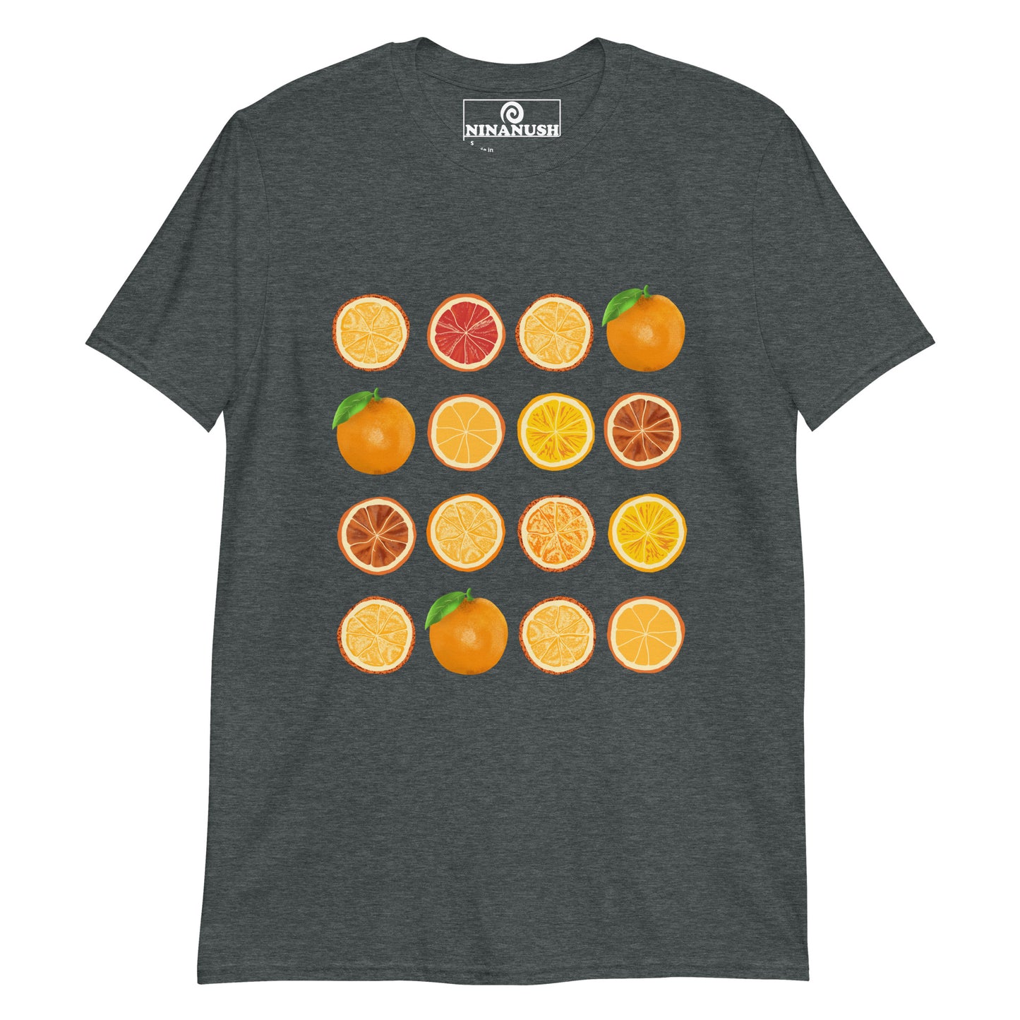 Gray orange slices t-shirt for foodies - This colorful fruit t-shirt has 16 bright oranges printed on a classic t-shirt. If you love oranges, this foodie t-shirt is just what you need. It's a totally unique orange slices shirt that's funky and perfect for orange enthusiasts. Eat oranges in style and stand out in an orange lover t-shirt made just for you. 