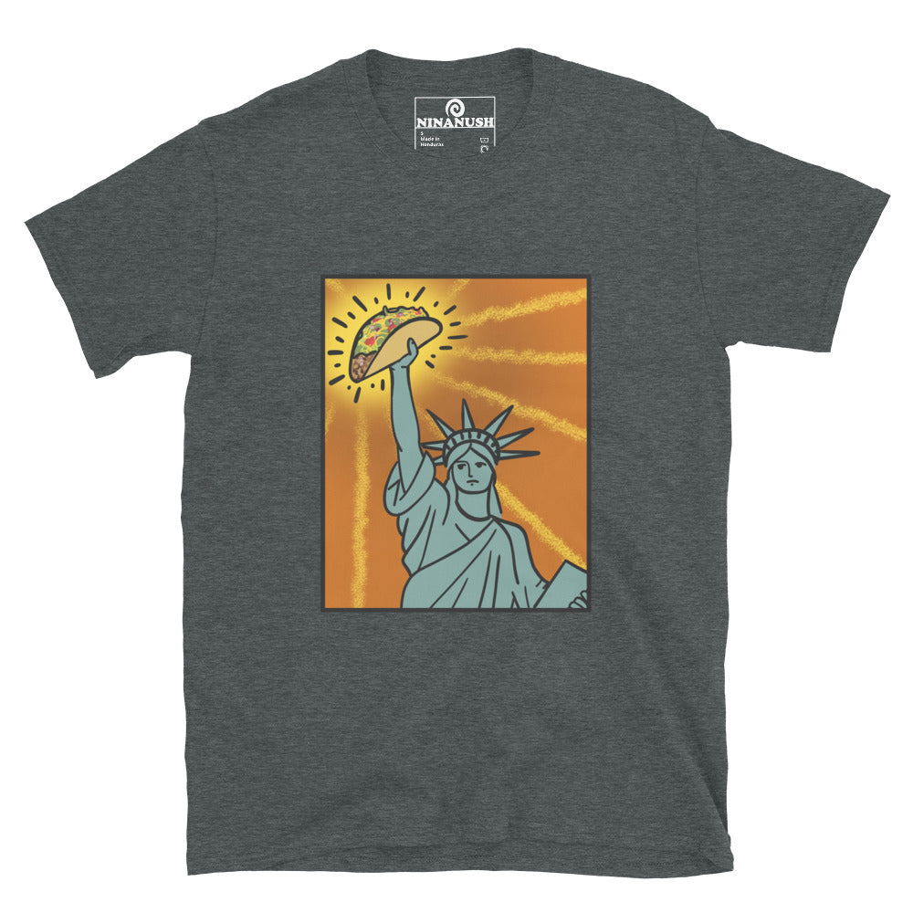 Gray t-shirt for taco lovers and gift for new yorkers - A funny taco t-shirt with the Statue of Liberty holding a taco. This weird NYC shirt for taco lovers and foodies, showcases your love for tacos and the Big Apple. With its colorful, funky, hand-drawn design, this unique streetwear tee stands out. Make a statement, look good, and eat tacos with this eye-catching foodie shirt.